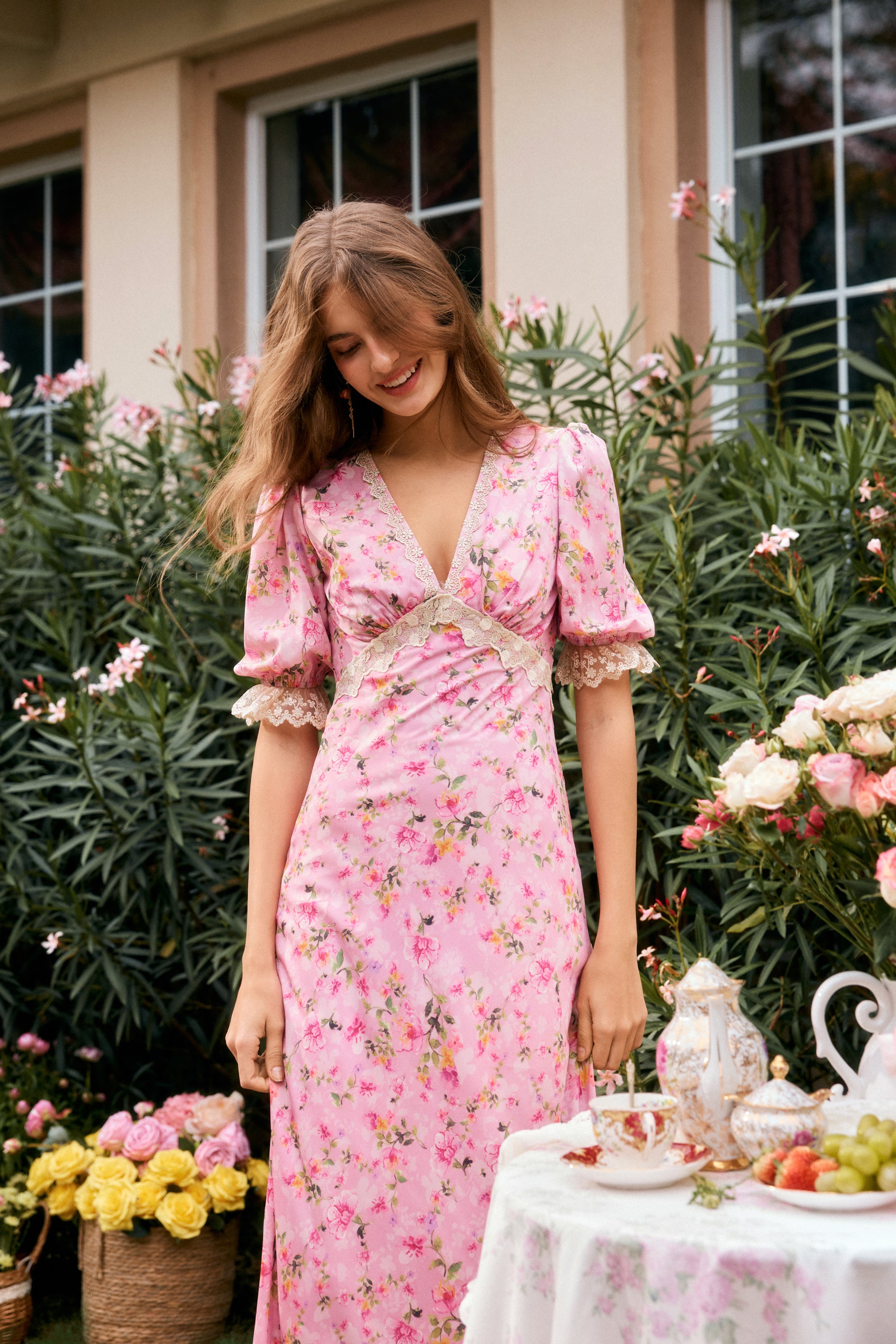 Divia Pink Lace Floral Maxi Dress