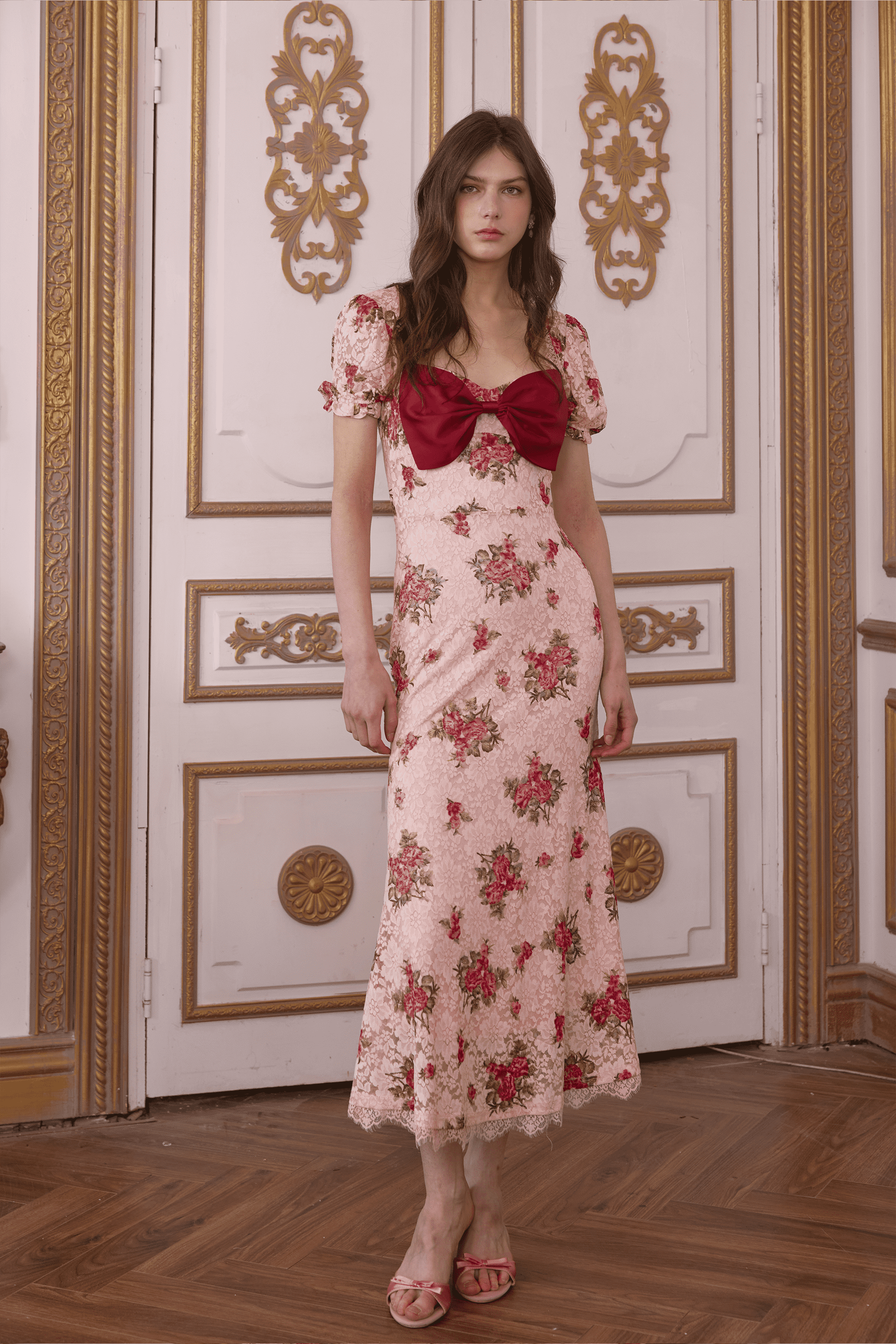 Rose Lace Floral Midi Dress in Pink