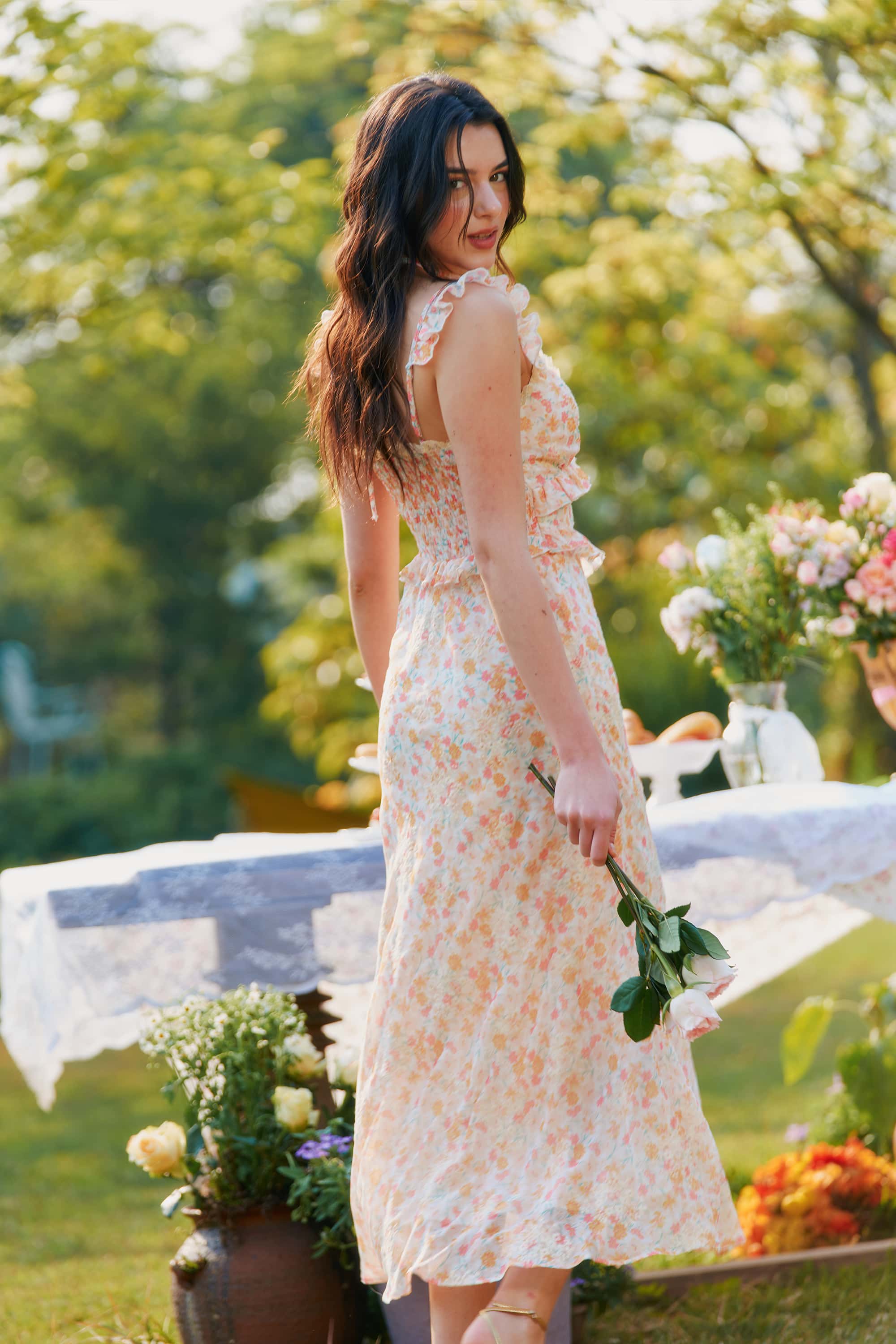 Celeste Chiffon Lace Embroidered Floral Midi Dress with Rosette Choker