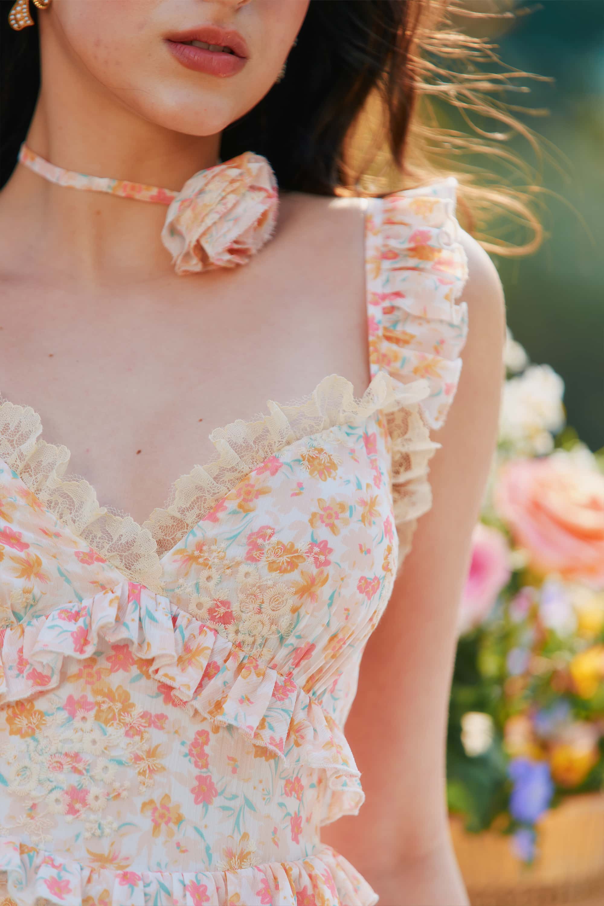 Celeste Chiffon Lace Embroidered Floral Midi Dress with Rosette Choker