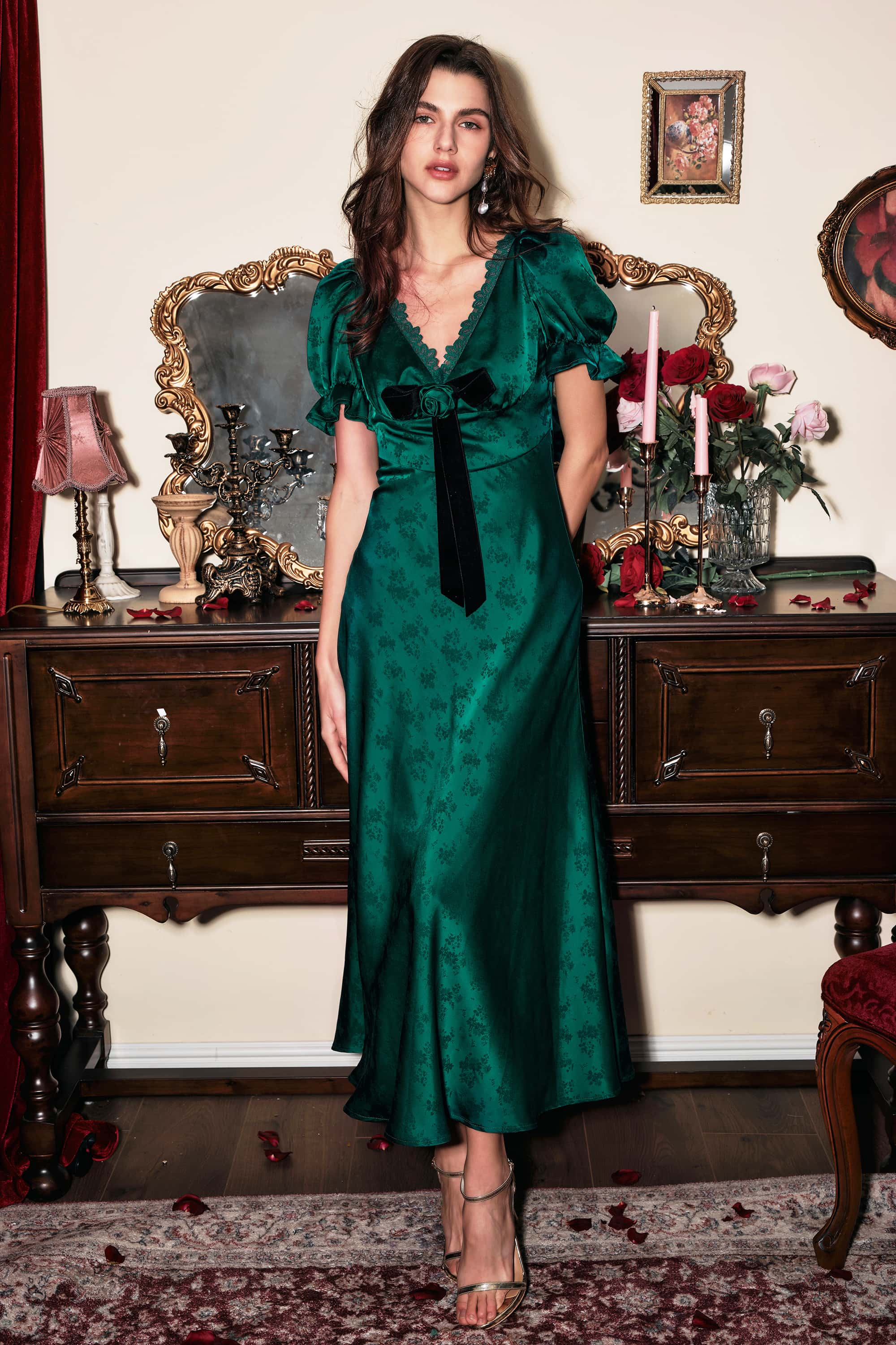 Serita Jacquard Satin Maxi Dress In Green