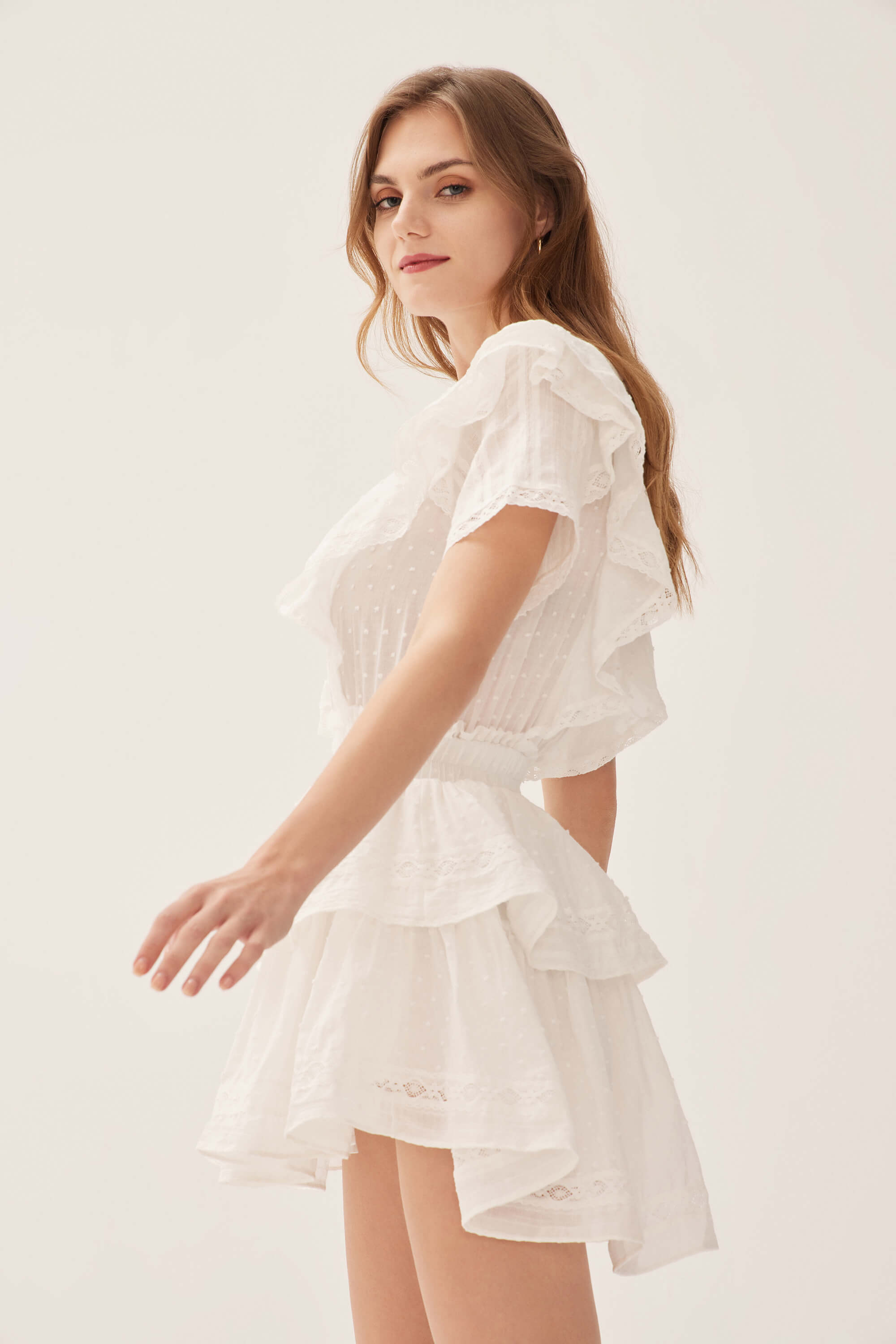 Aeris Lace Ruffled Tiered Mini Dress in White