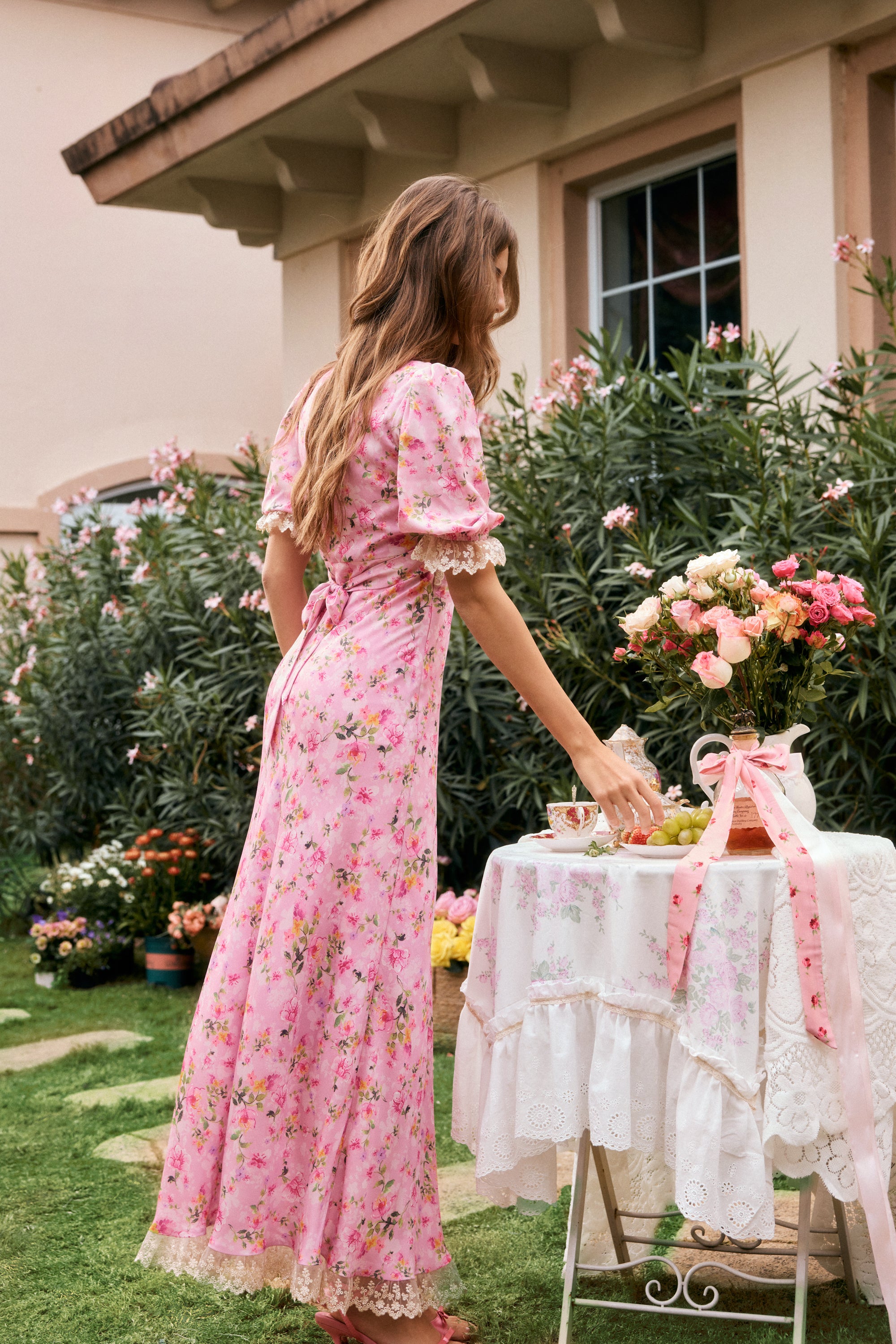 Divia Pink Lace Floral Maxi Dress