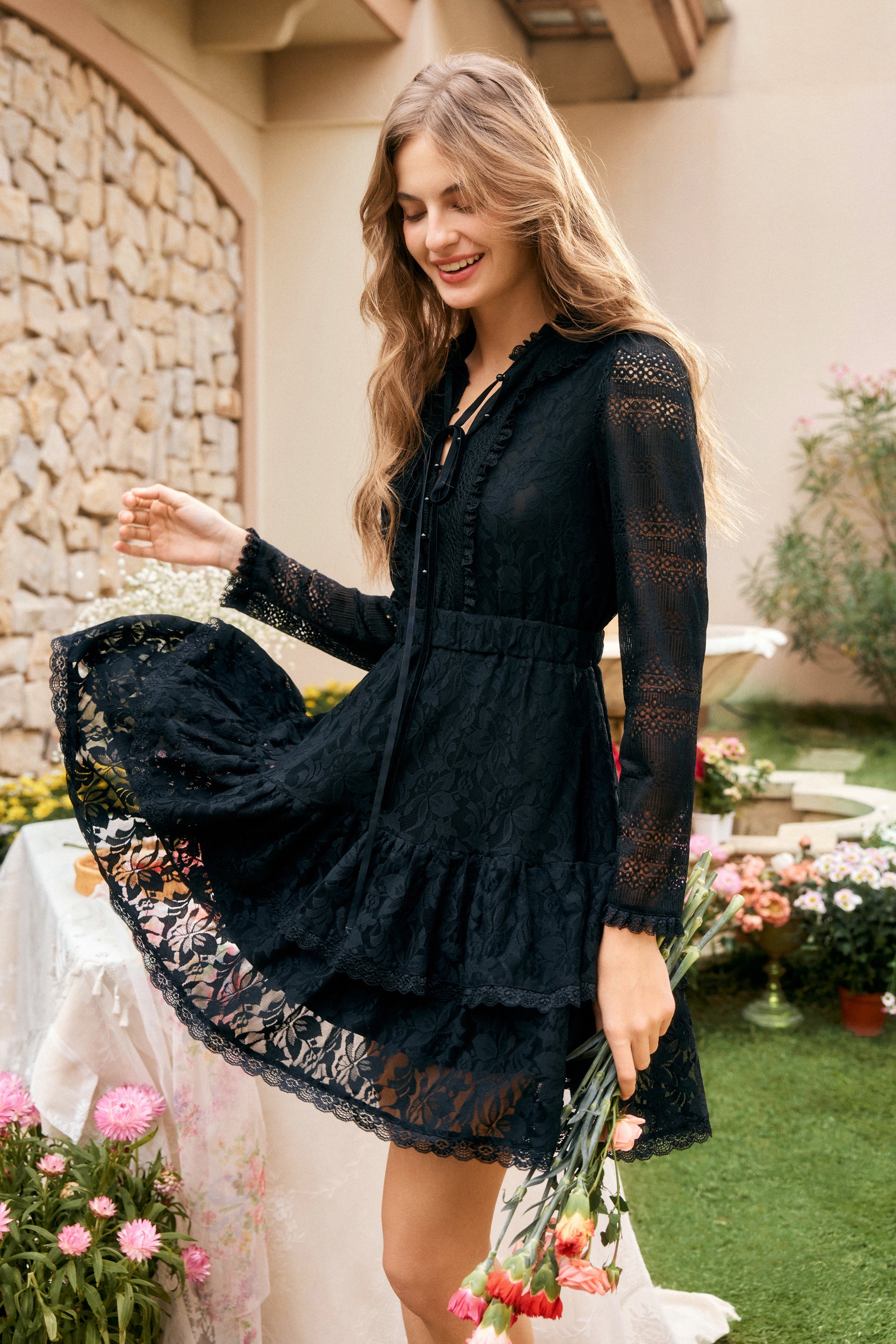 Audrey Black Lace Long Sleeve Mini Dress