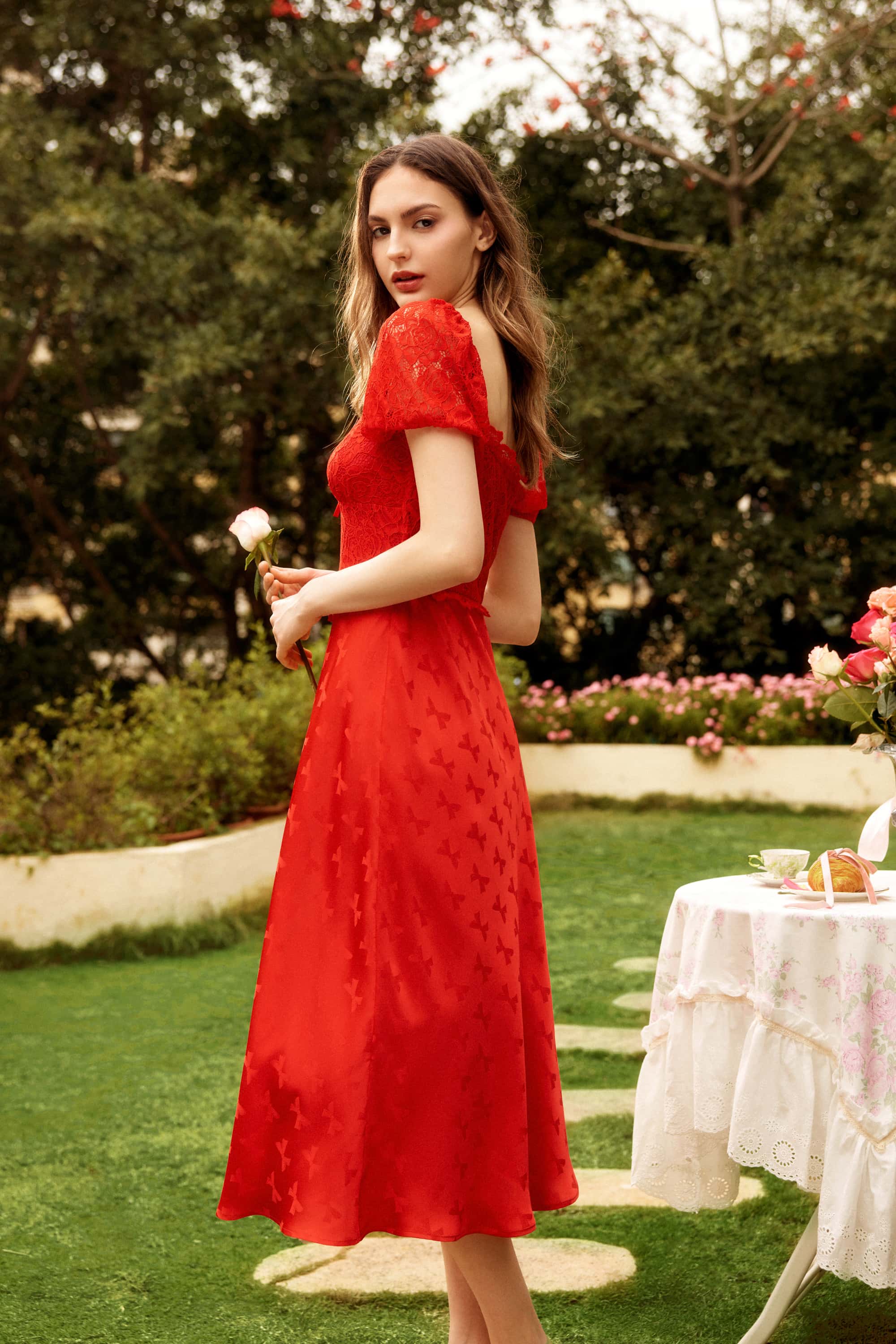 Juliet Lace Satin Floral Midi Dress