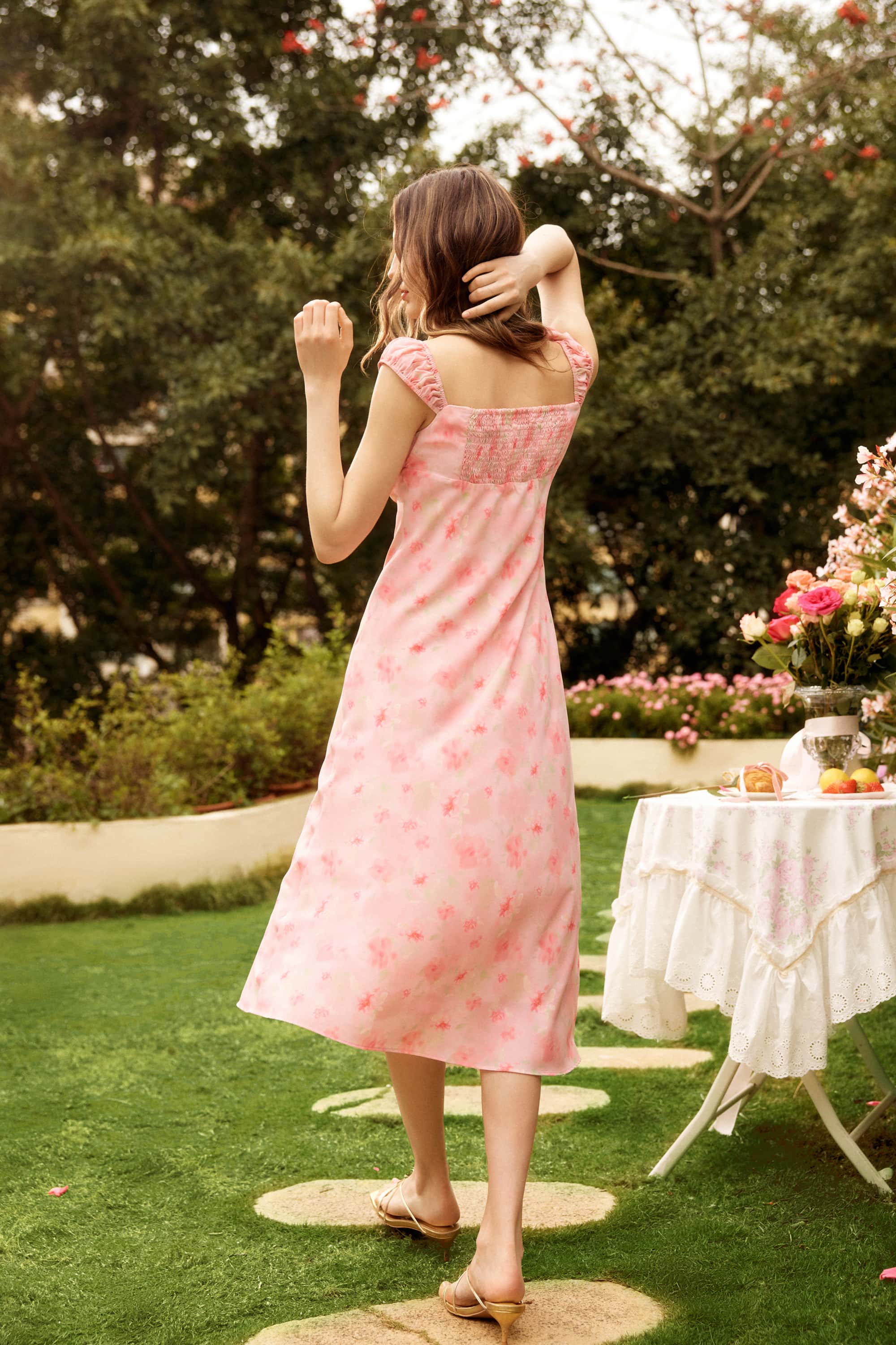 Grace Ribbon Lace Floral Pink Midi Dress