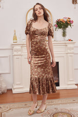 Viola Champagne Gold Print Velvet Midi Dress