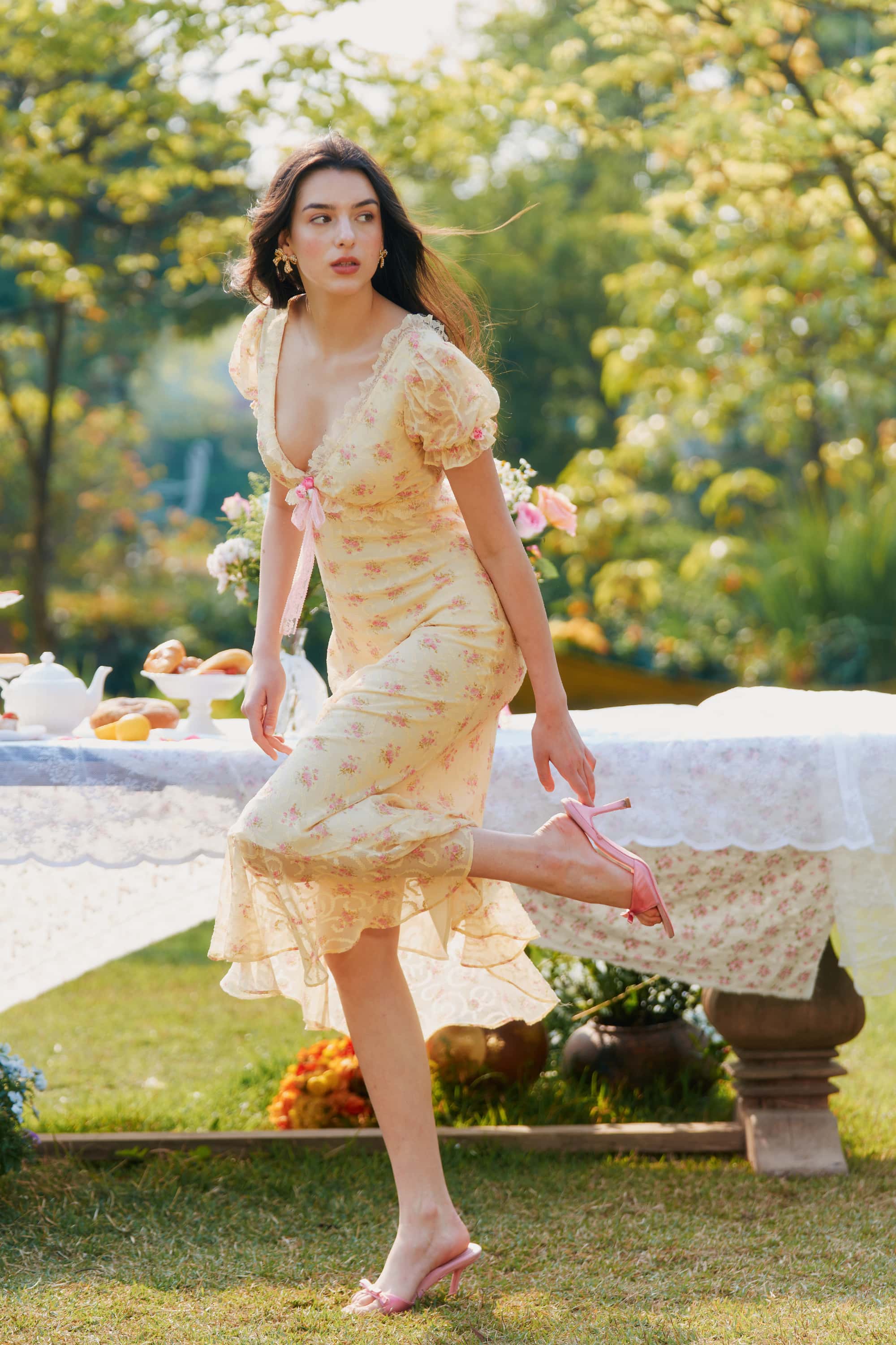 Maeve Chiffon Lace Floral Midi Dress