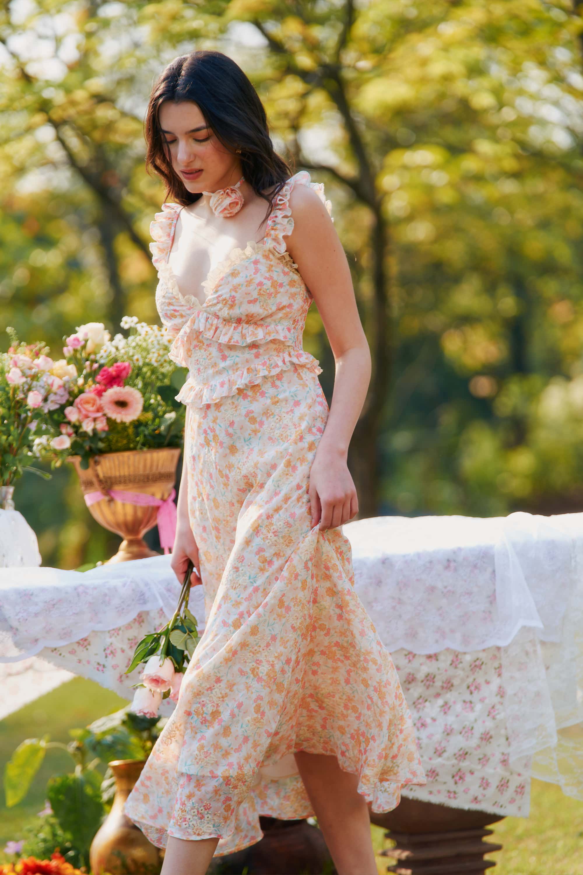 Celeste Chiffon Lace Embroidered Floral Midi Dress with Rosette Choker