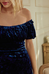 Soline Off-Shoulder Sapphire Velvet Embossed Dress