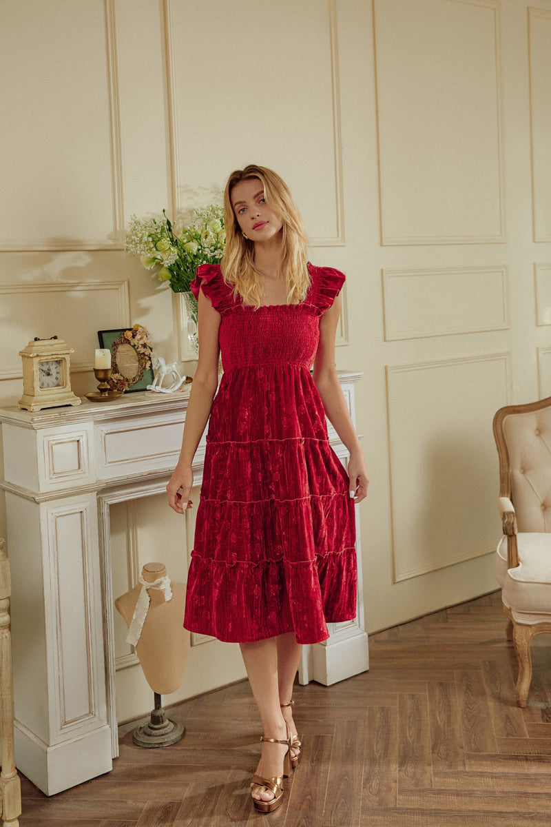 Marisel Ruffled Shoulders Velvet Midi Dress