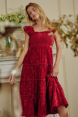 Marisel Ruffled Shoulders Velvet Midi Dress