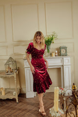 New Shinne！Reeva Gold Print Velvet dress Midi Dress