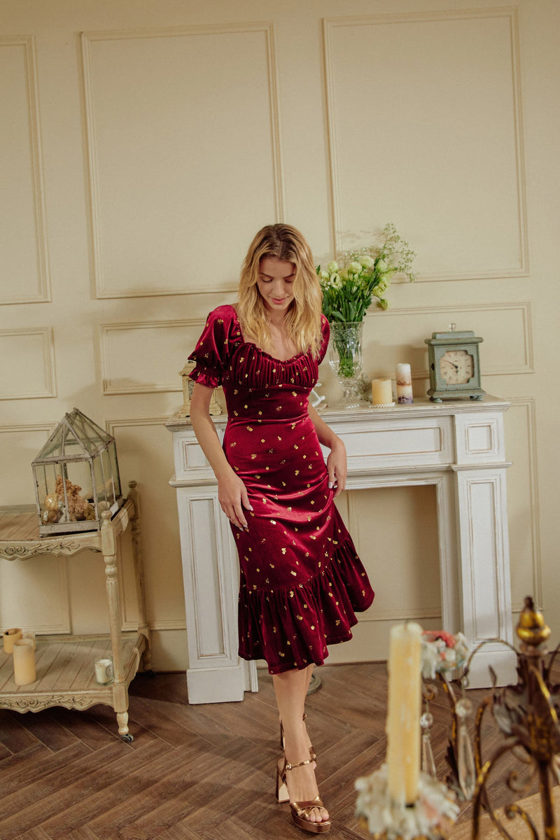 New Shinne！Reeva Gold Print Velvet dress Midi Dress