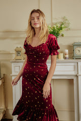 New Shinne！Reeva Gold Print Velvet dress Midi Dress