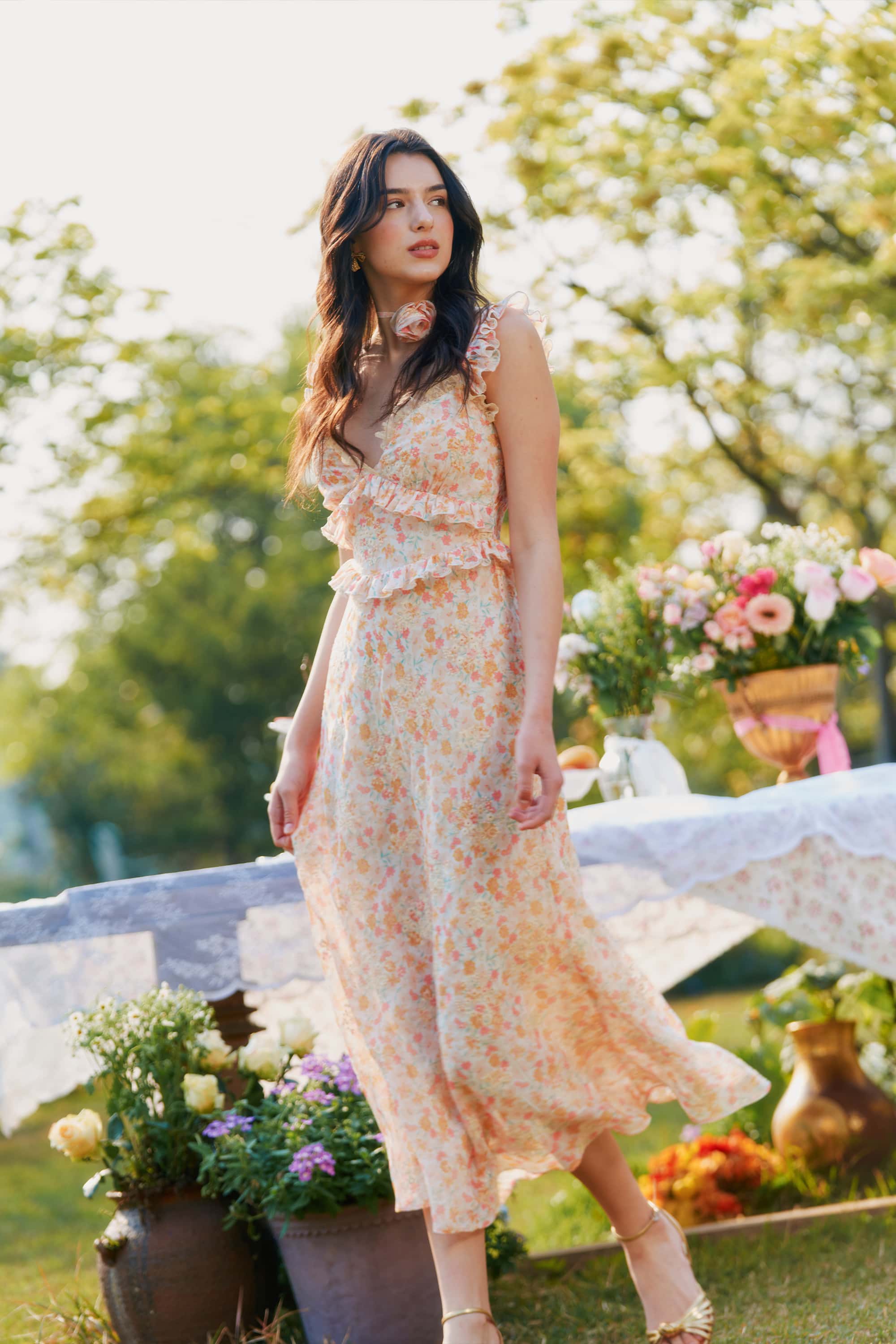 Celeste Chiffon Lace Embroidered Floral Midi Dress with Rosette Choker