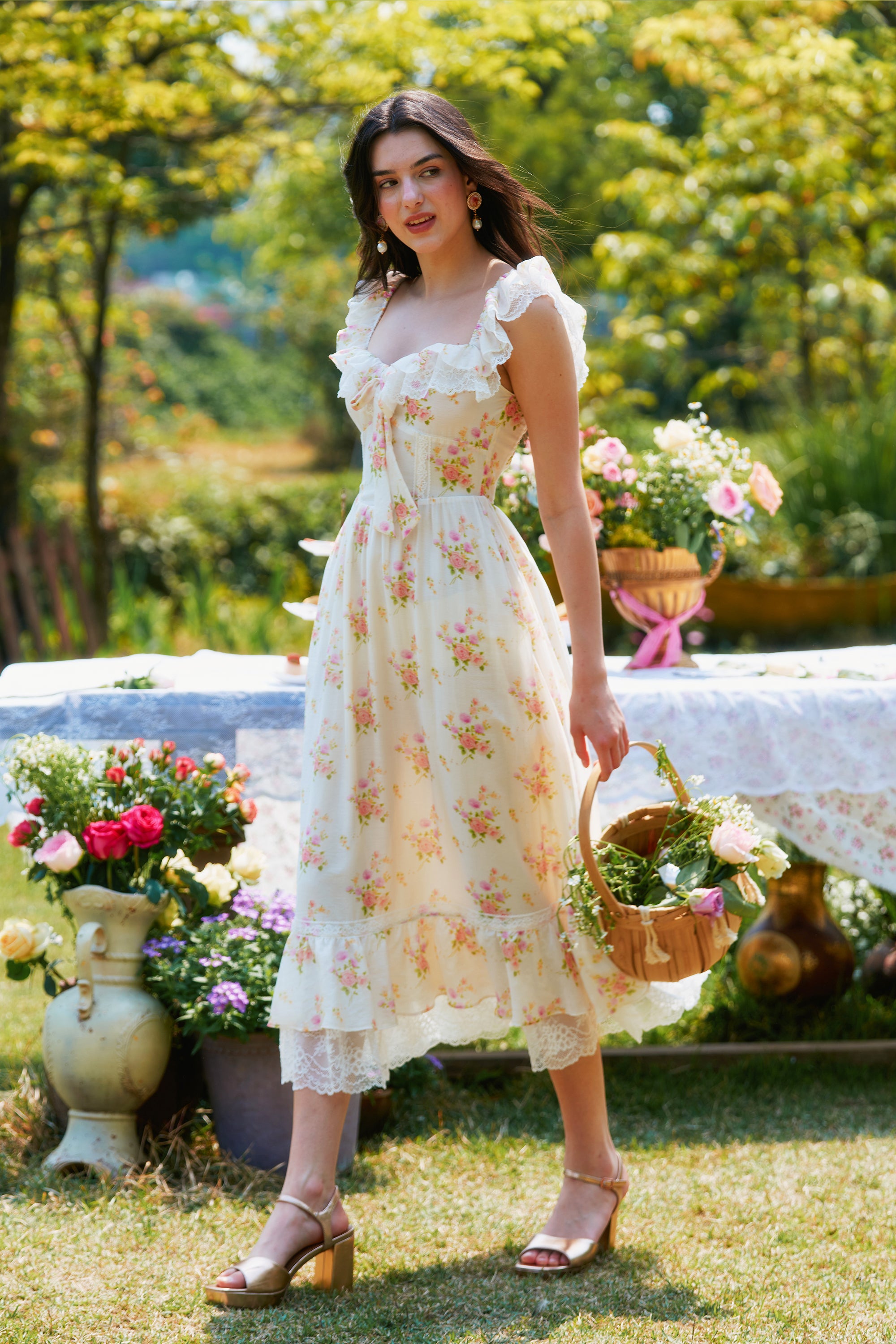 Anya Viscos Lace Floral Midi Dress