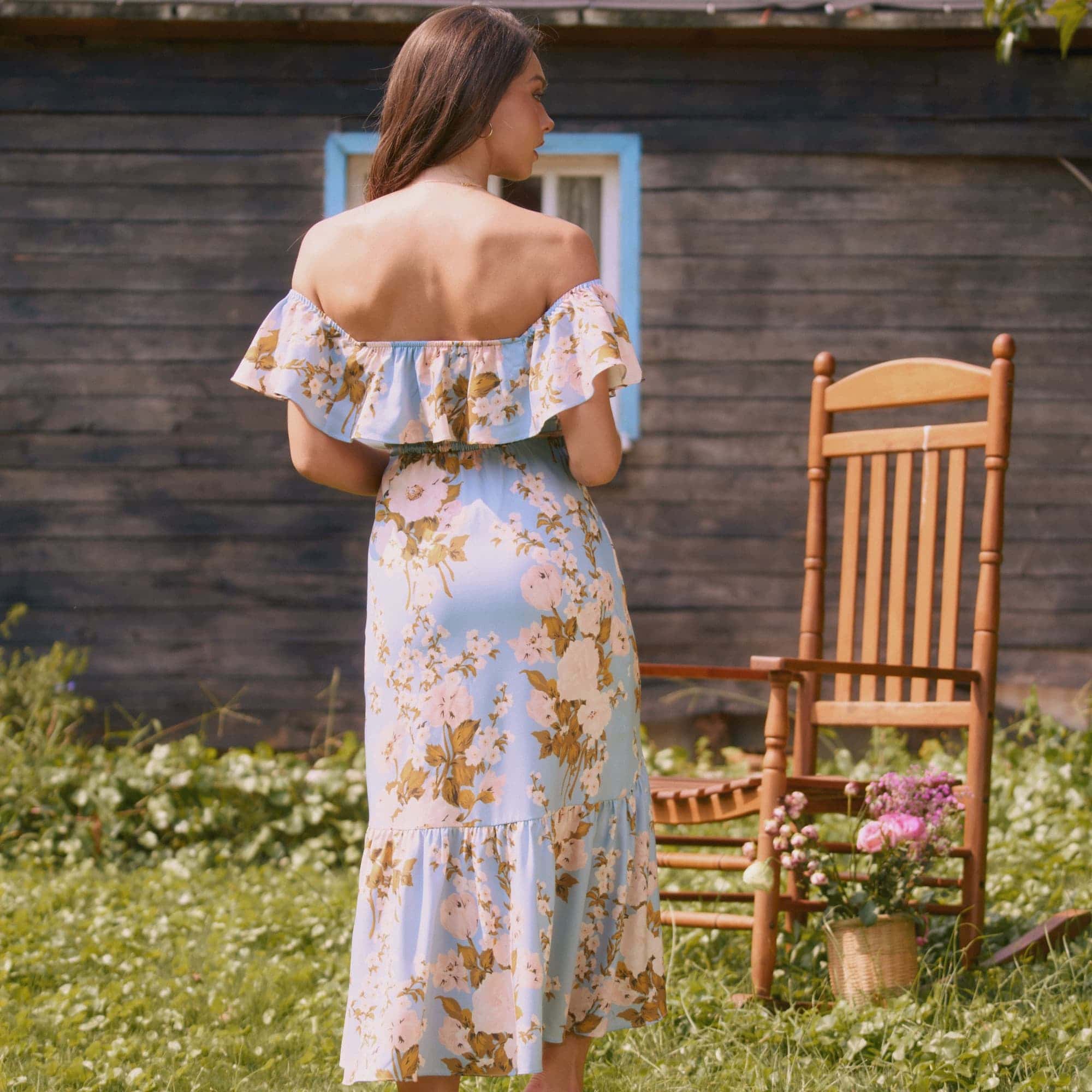 Melinda Blue Floral Off-shoulder Dress