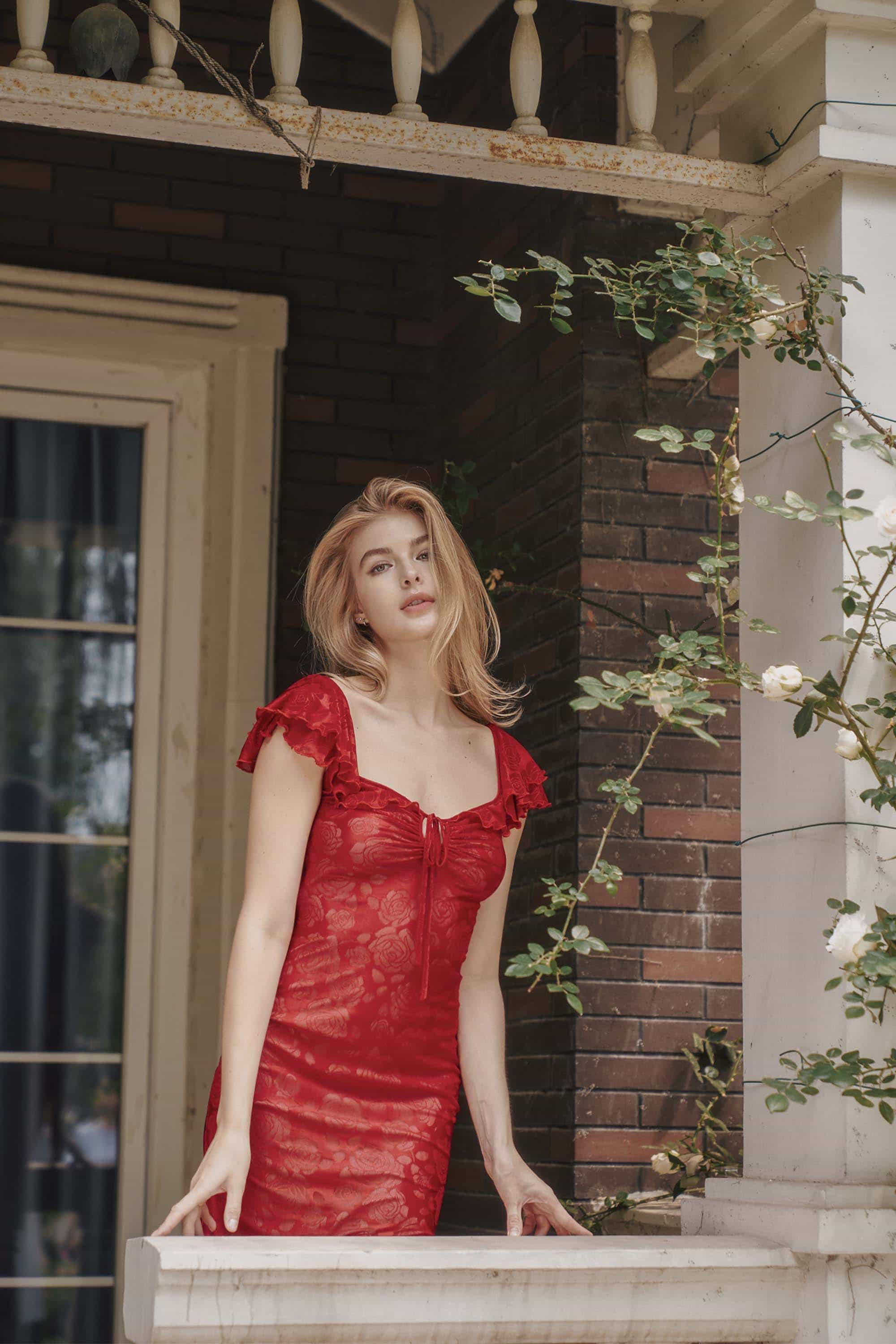 Flora Rose Mesh Midi Dress In Red