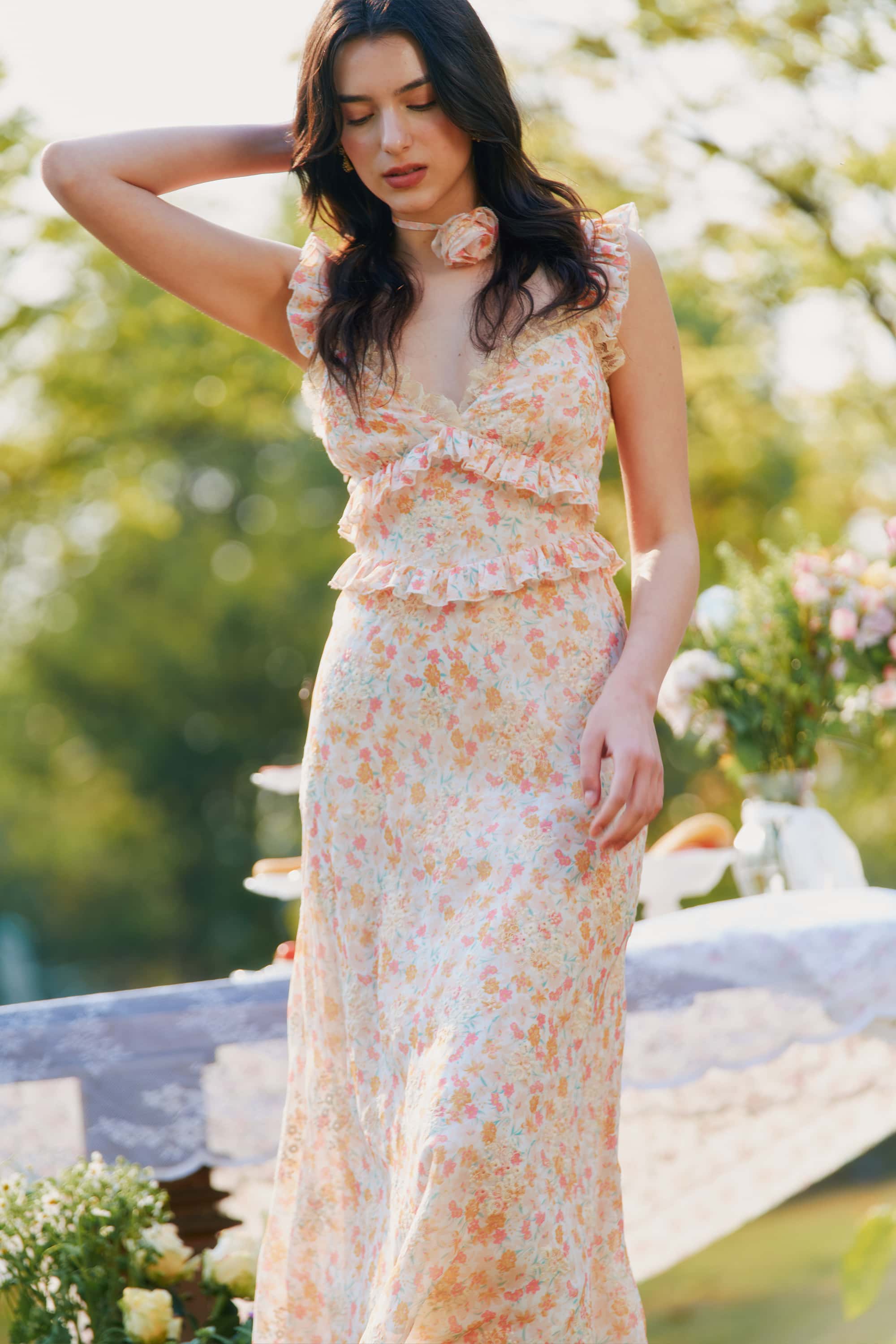 Celeste Chiffon Lace Embroidered Floral Midi Dress with Rosette Choker