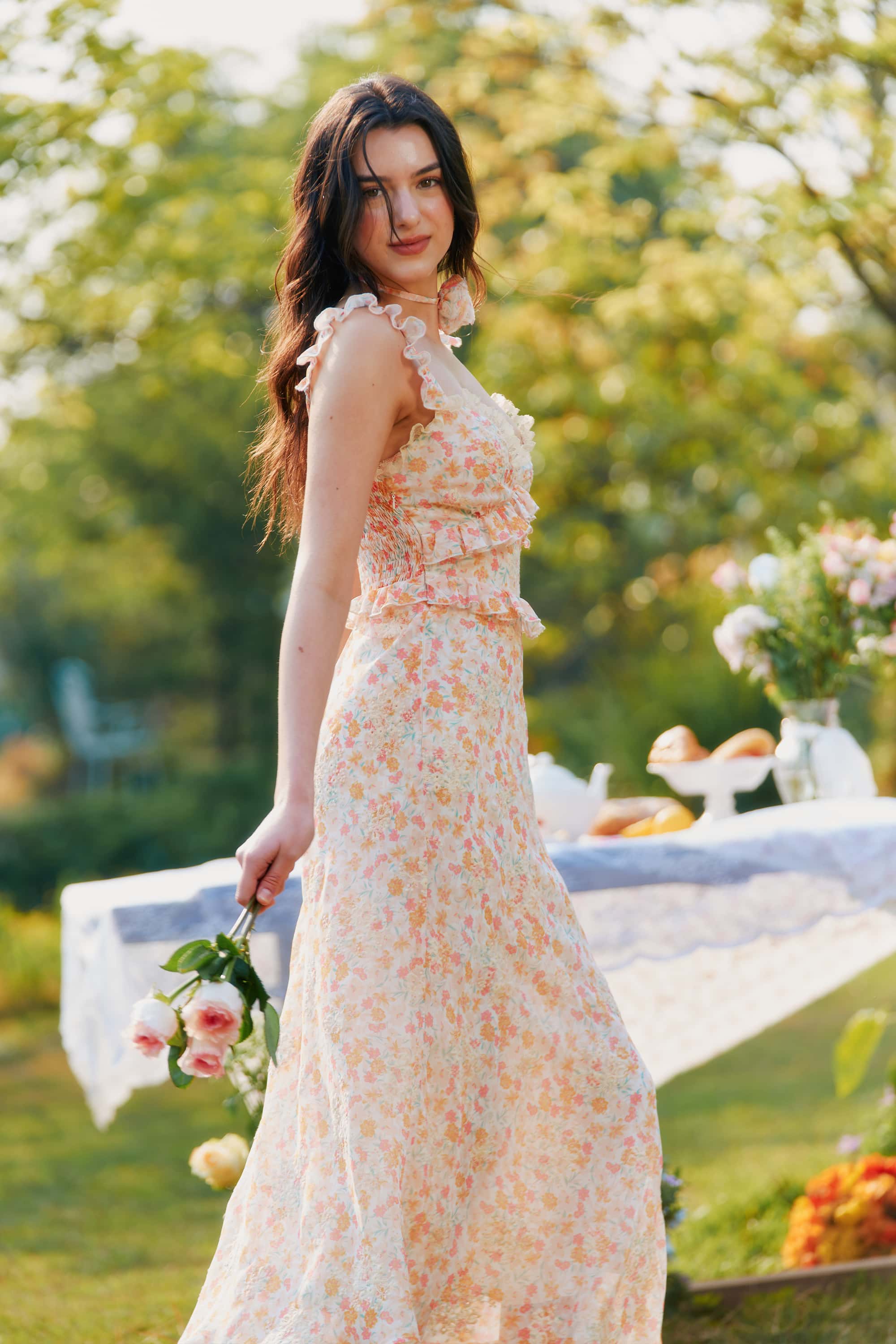 Celeste Chiffon Lace Embroidered Floral Midi Dress with Rosette Choker