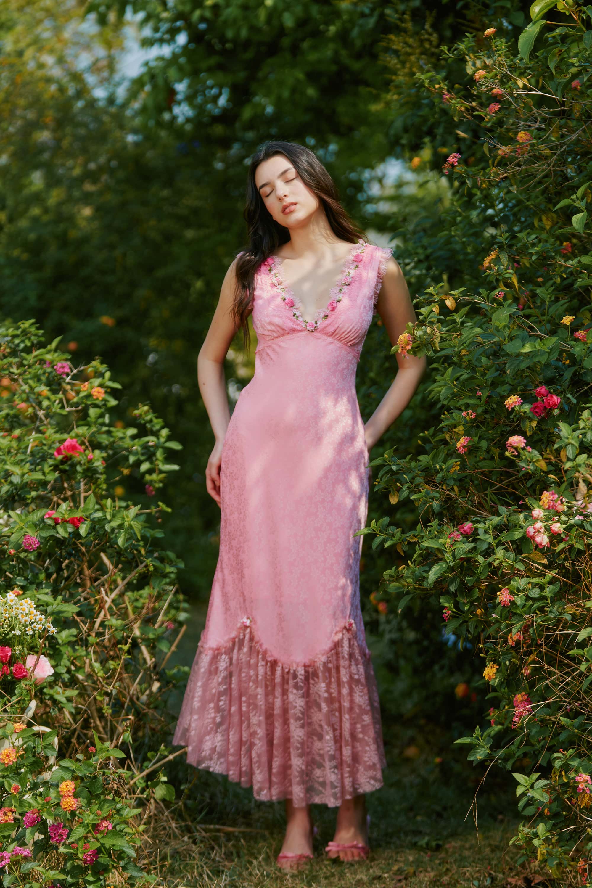 Bernadette Jacquard Satin  Lace Floral Maxi Dress