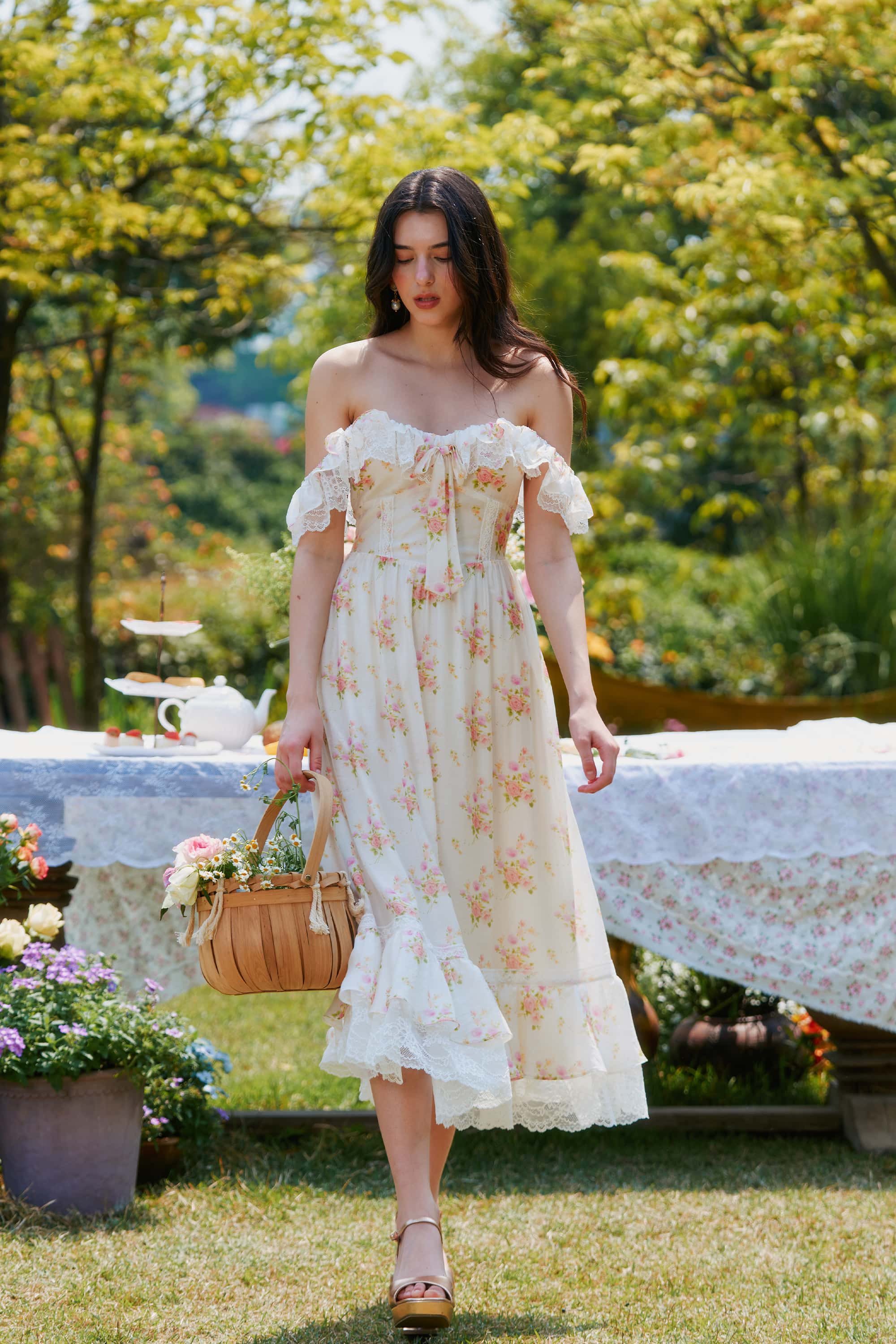 Anya Viscos Lace Floral Midi Dress