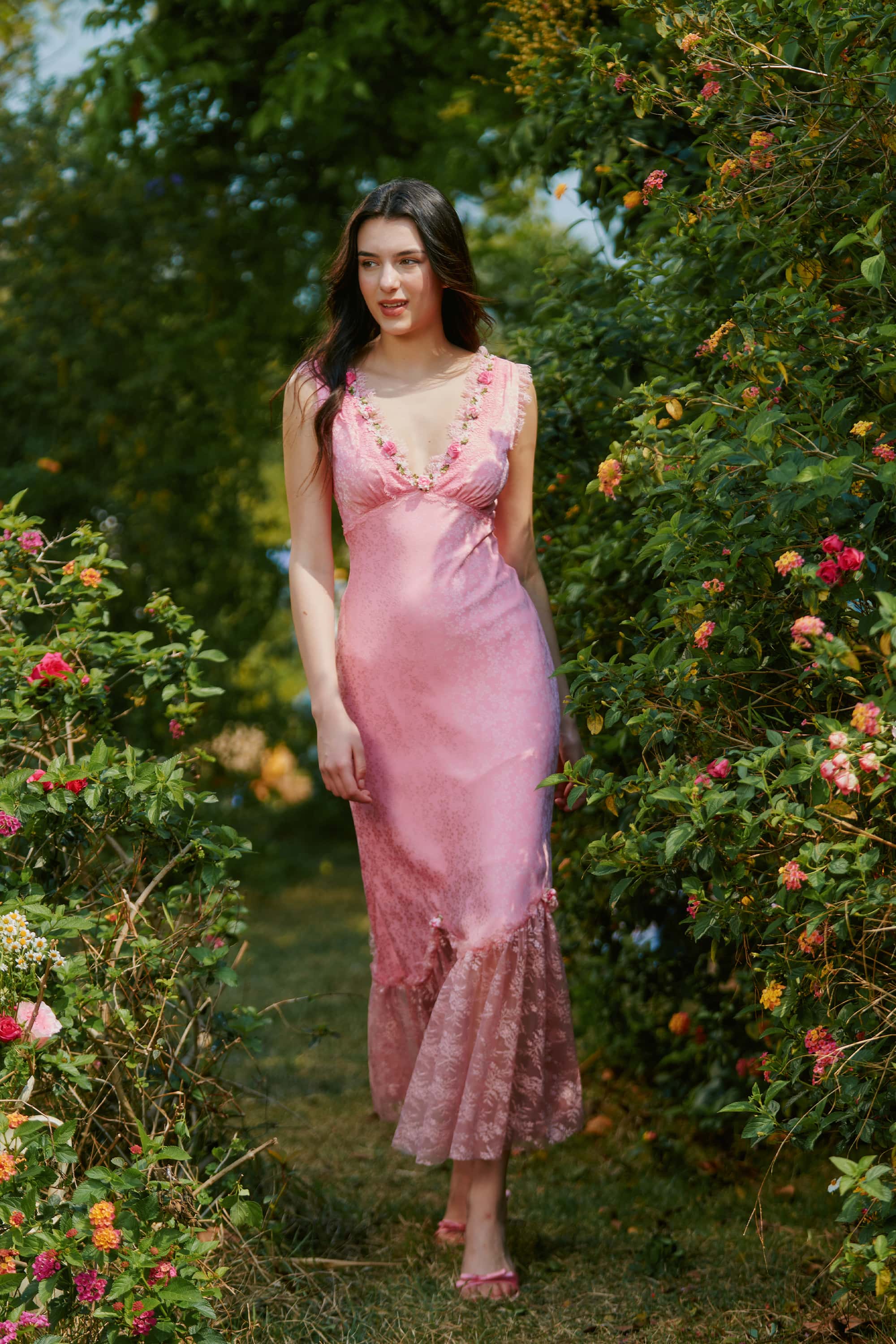 Bernadette Jacquard Satin  Lace Floral Maxi Dress