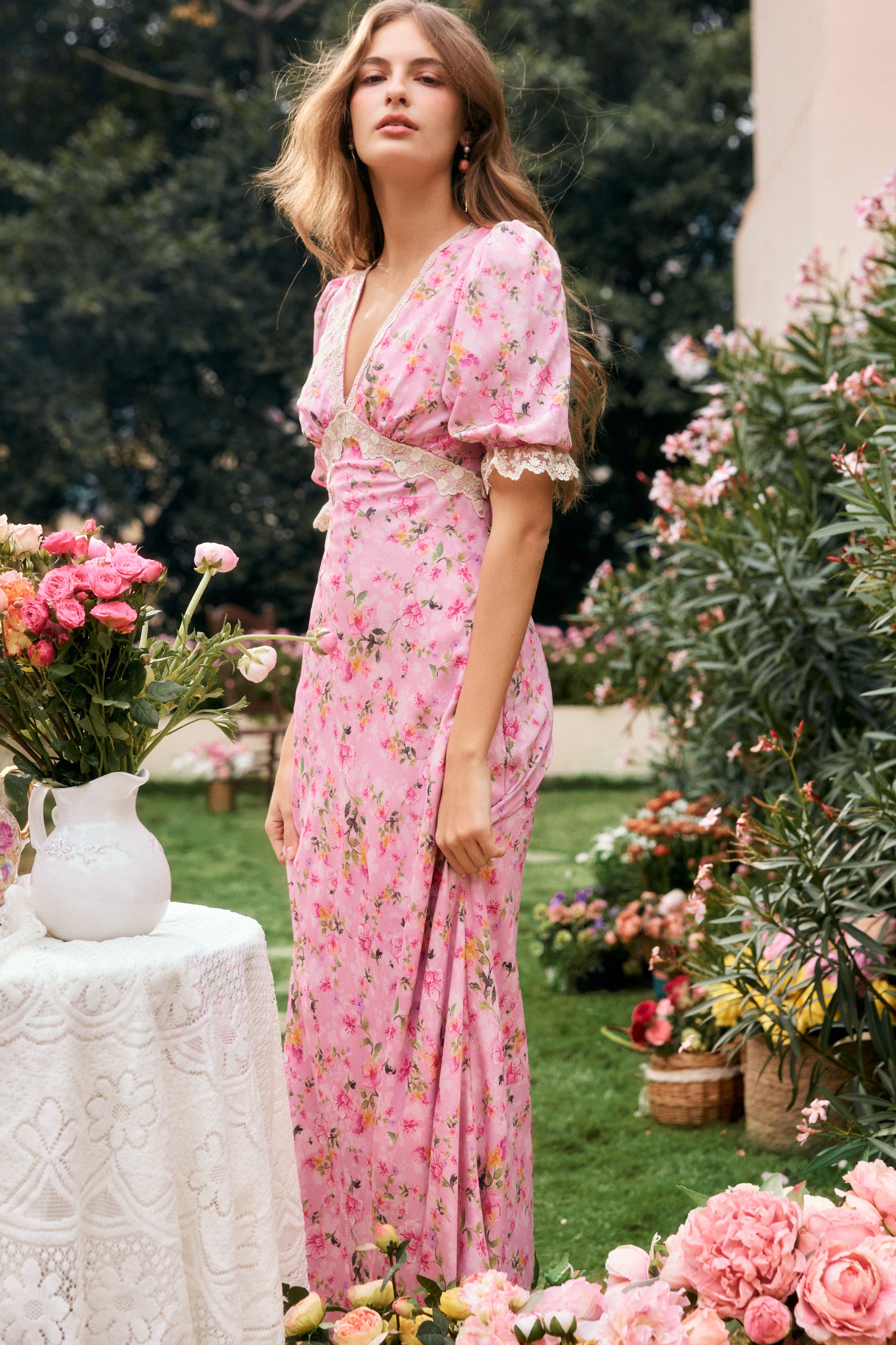 Divia Pink Lace Floral Maxi Dress
