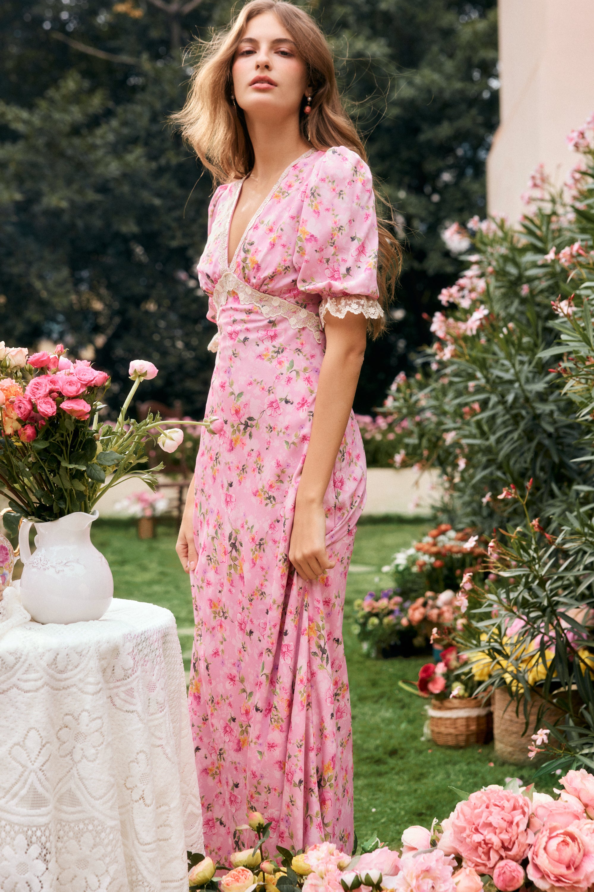 Divia Pink Lace Floral Midi Dress