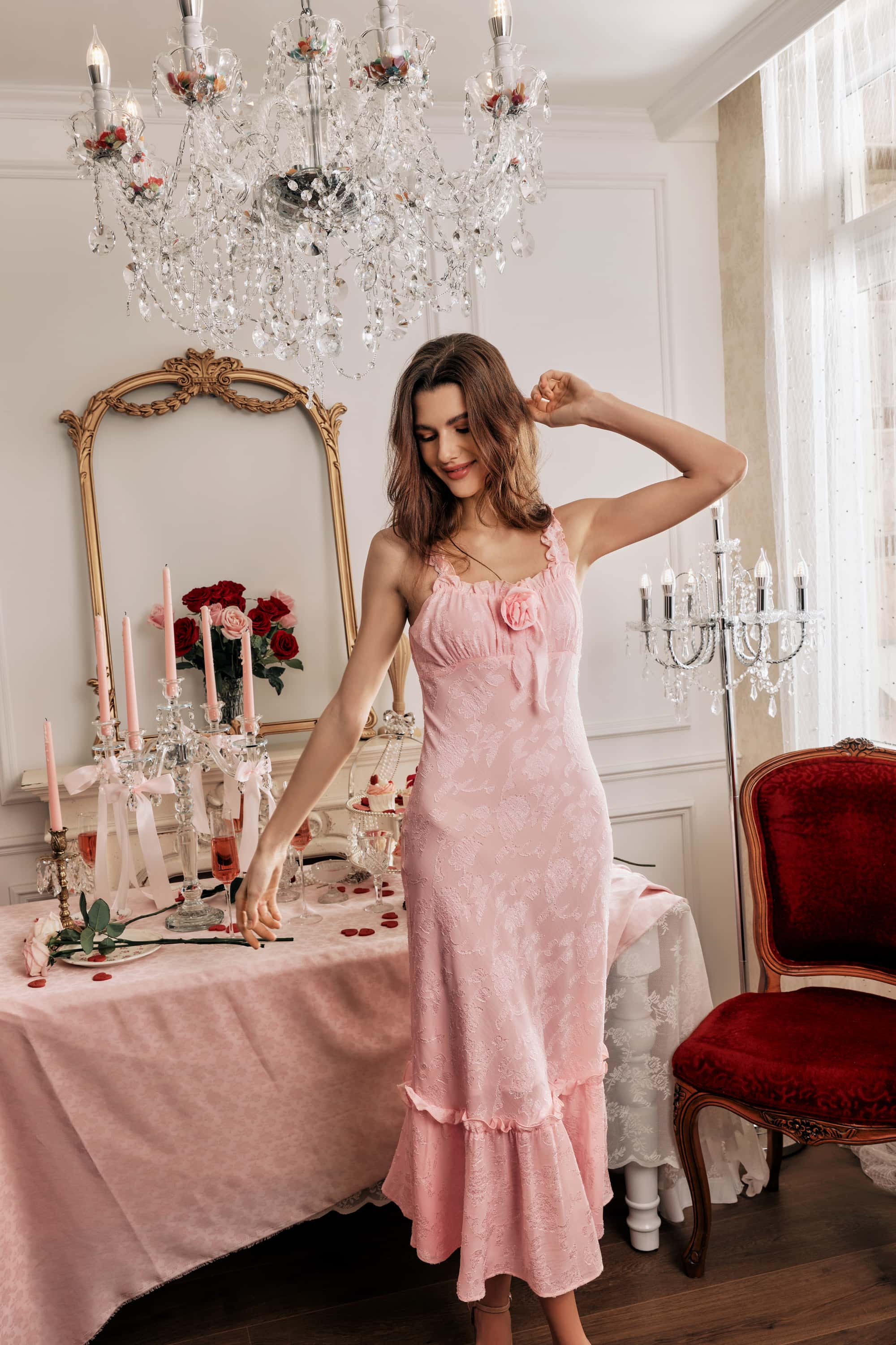 Adeline Pink Rose Midi Dress