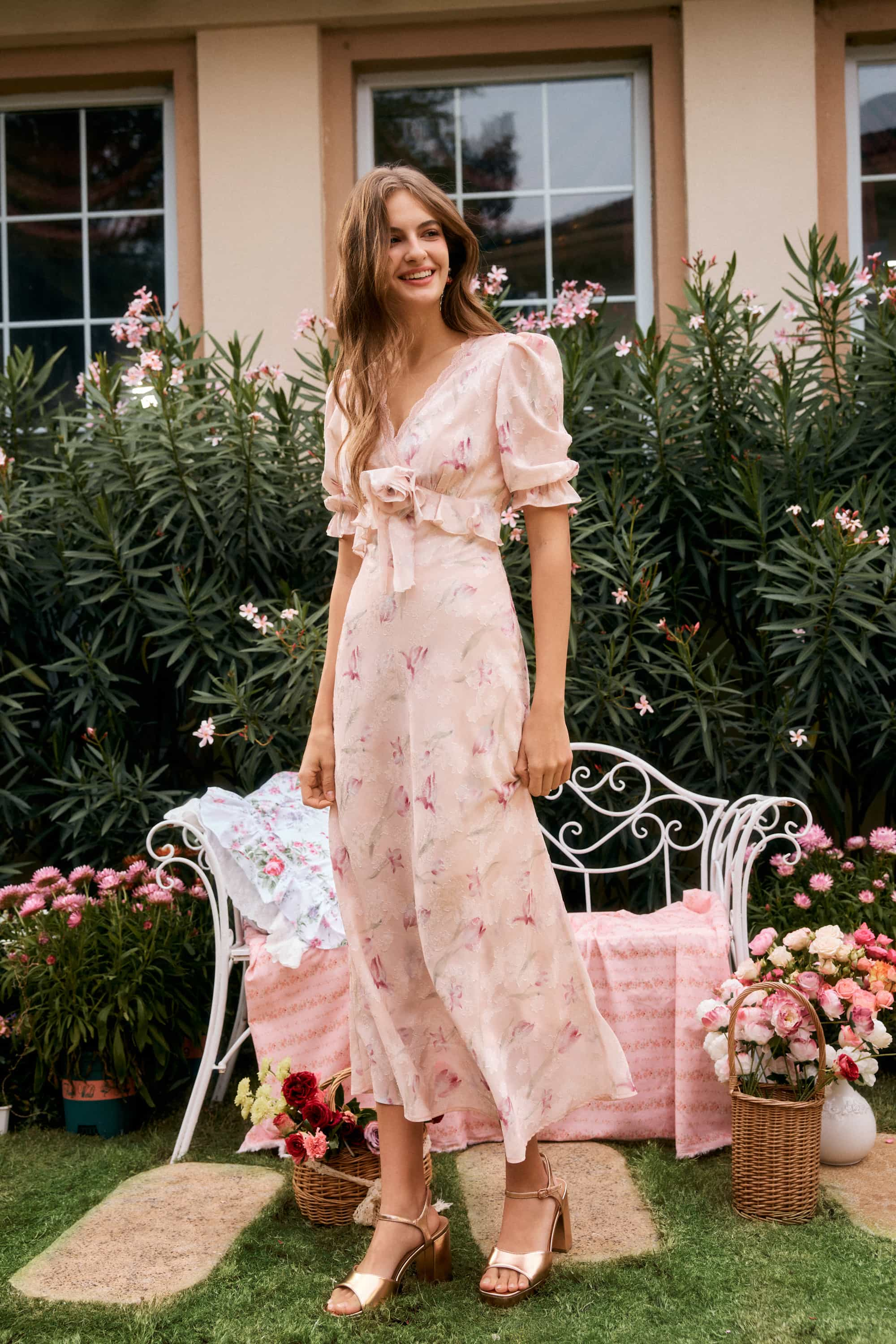 Archie Chiffon High Waist Maxi Dress in Pink