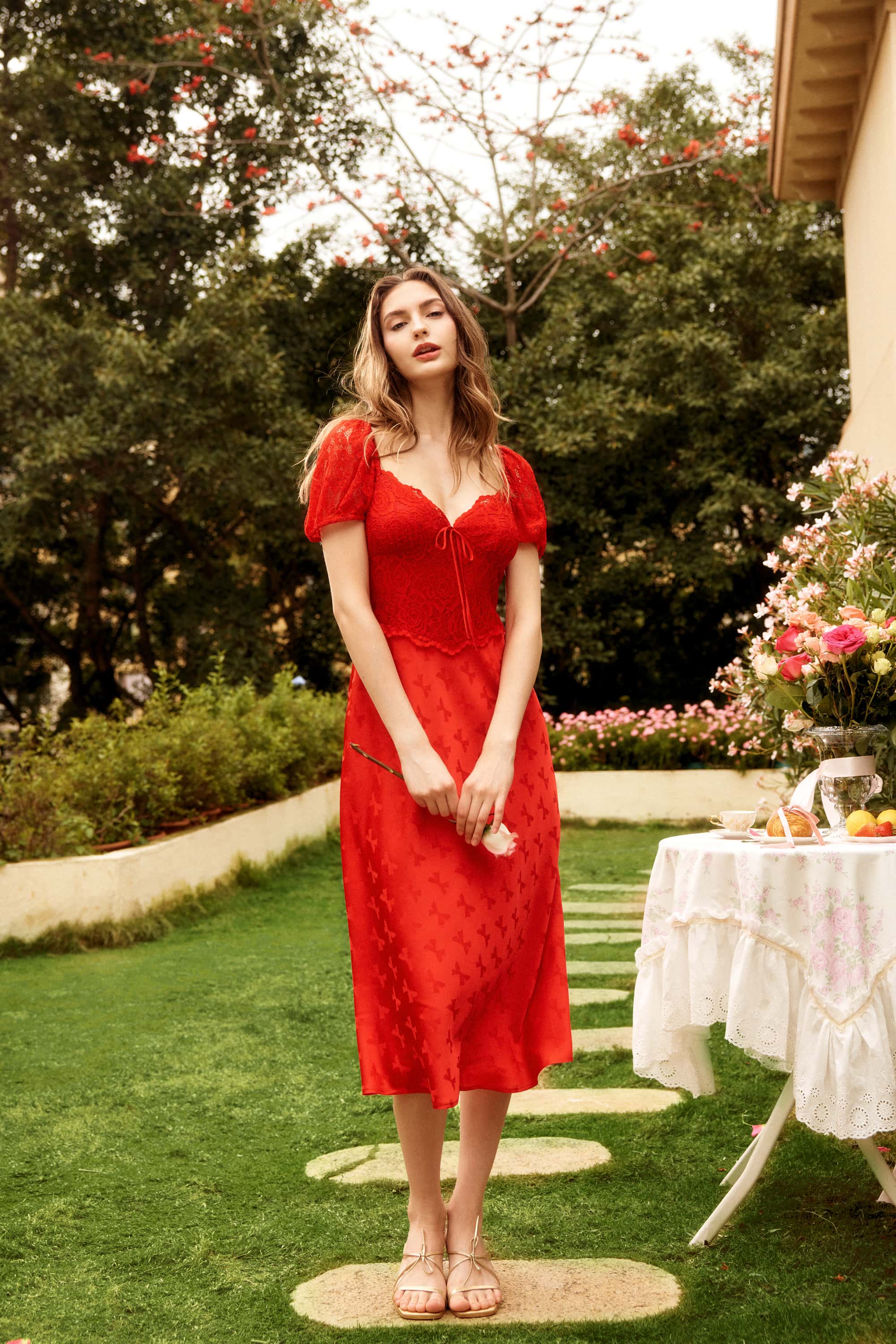 Juliet Lace Satin Floral Midi Dress