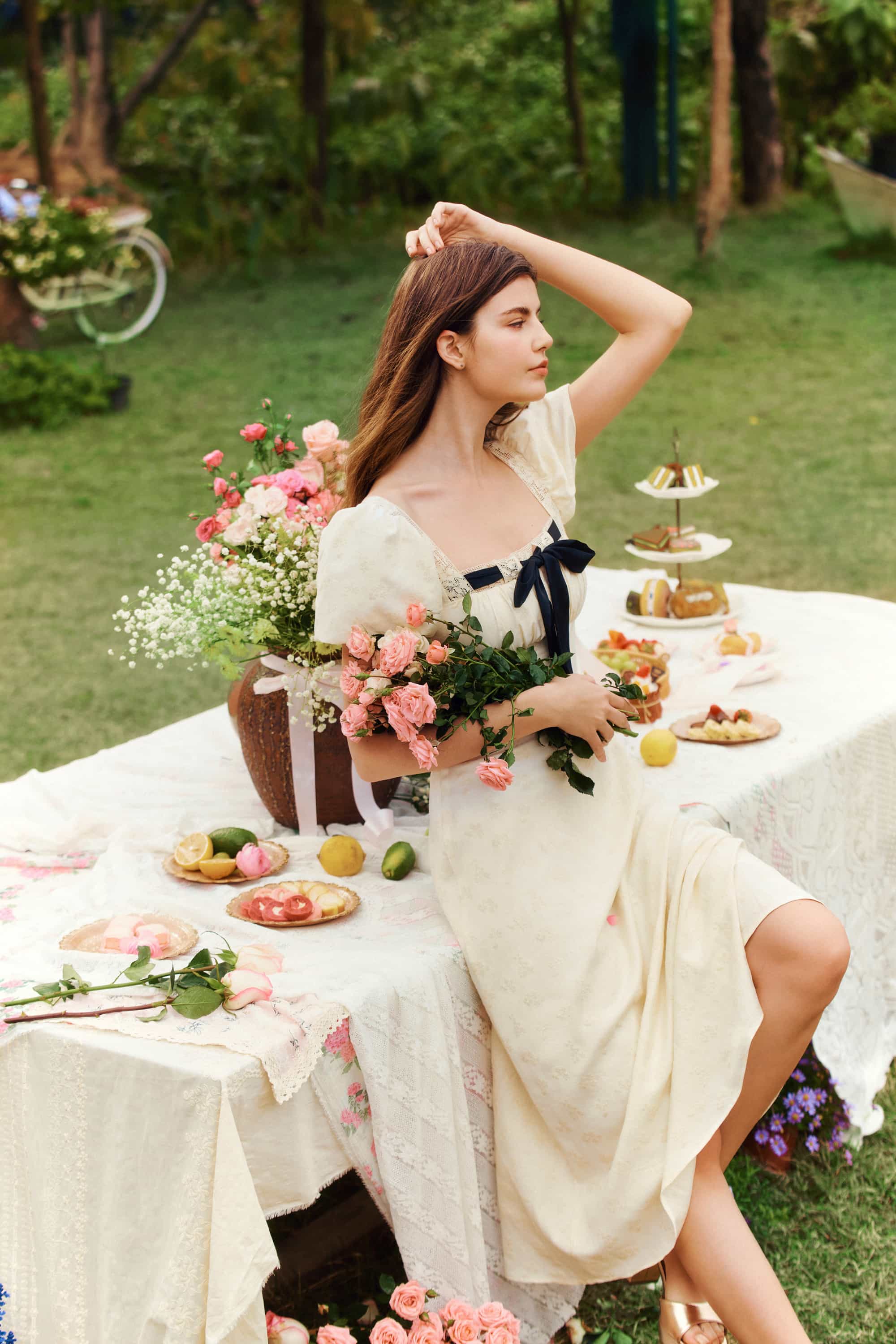 Kylie Beige Puff Sleeve Midi Dress