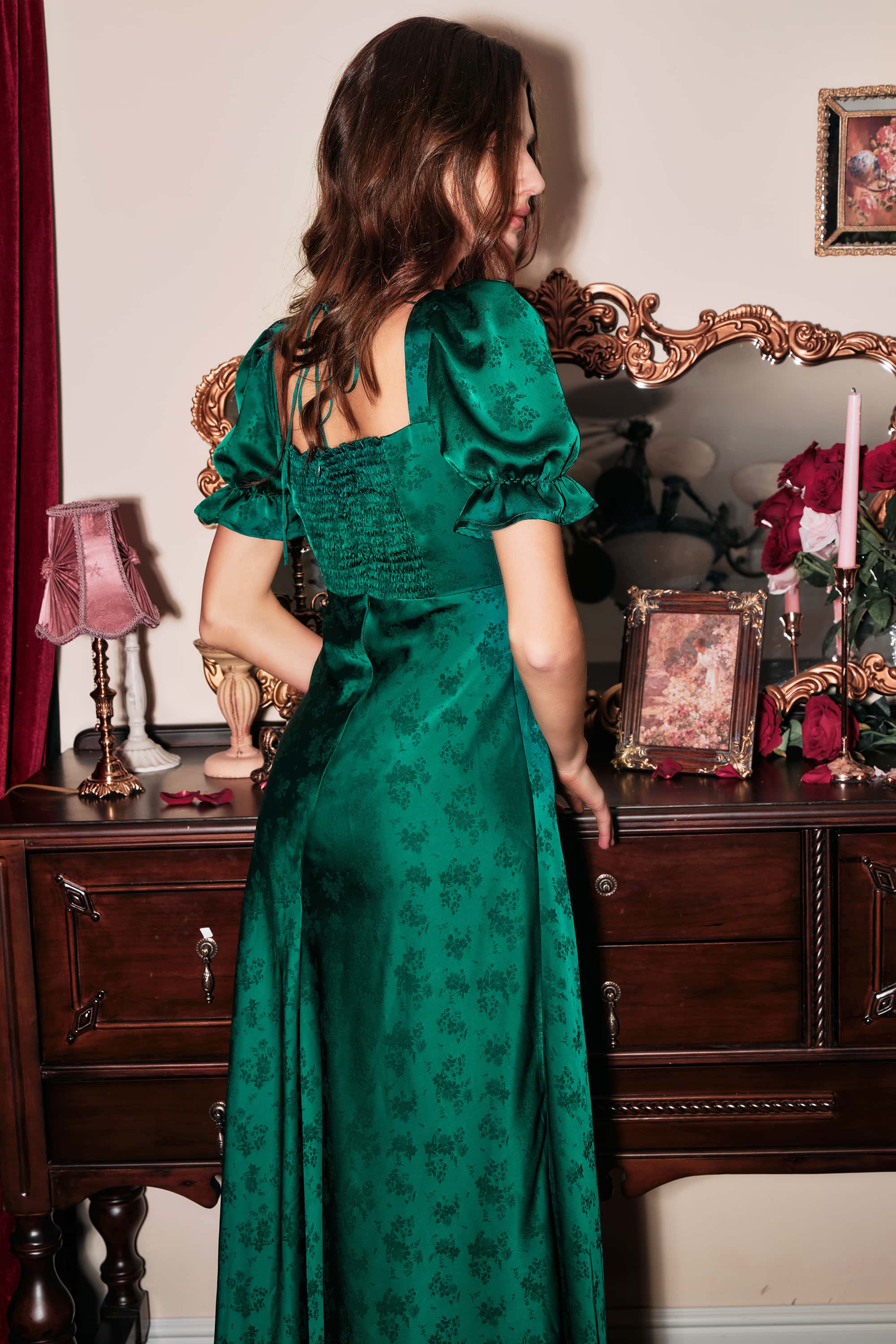 Serita Jacquard Satin Maxi Dress In Green