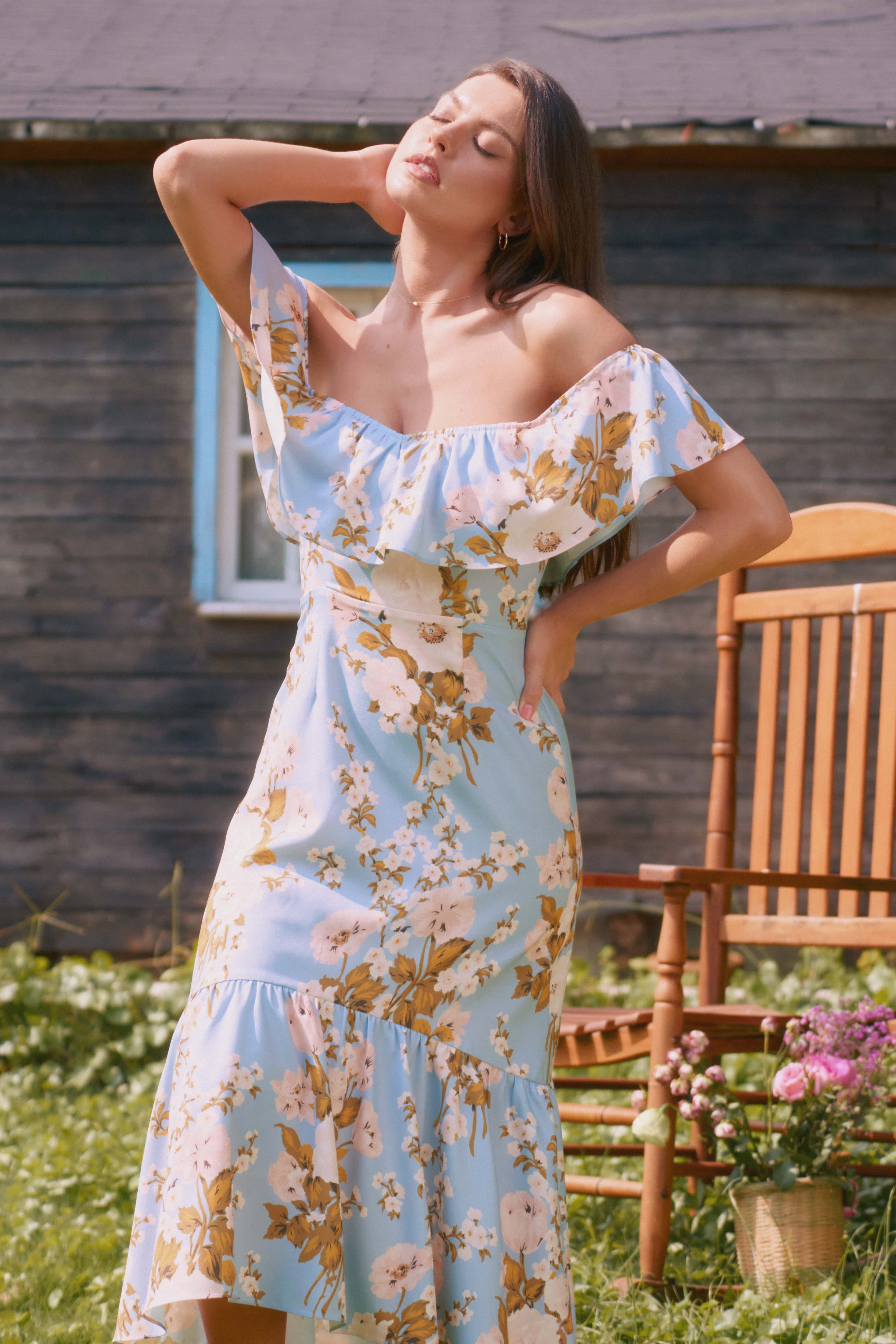 Melinda Blue Floral Off-shoulder Dress