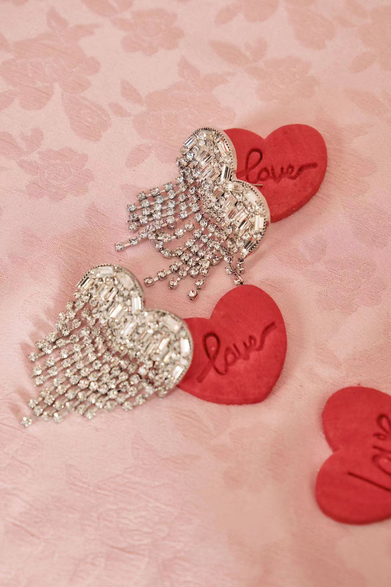 Sparkling Heart-Shaped Tassel Earrings