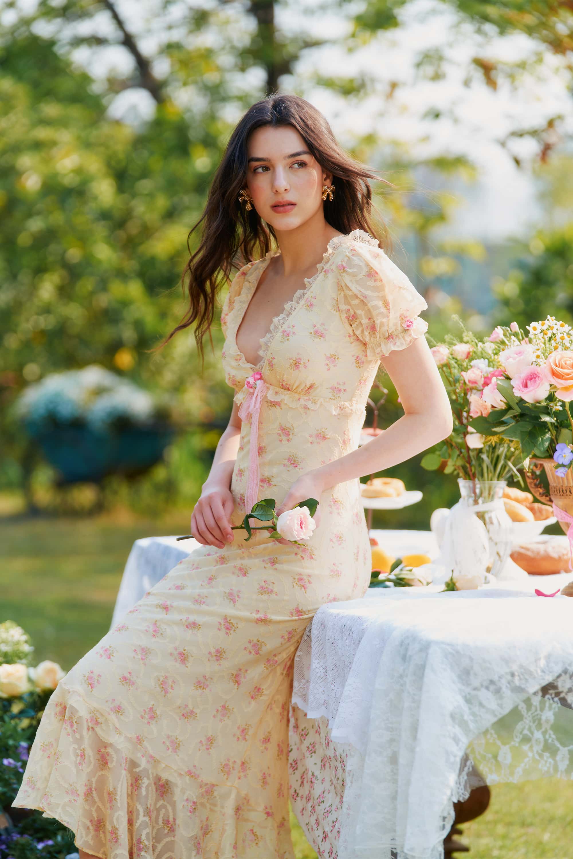 Maeve Chiffon Lace Floral Midi Dress