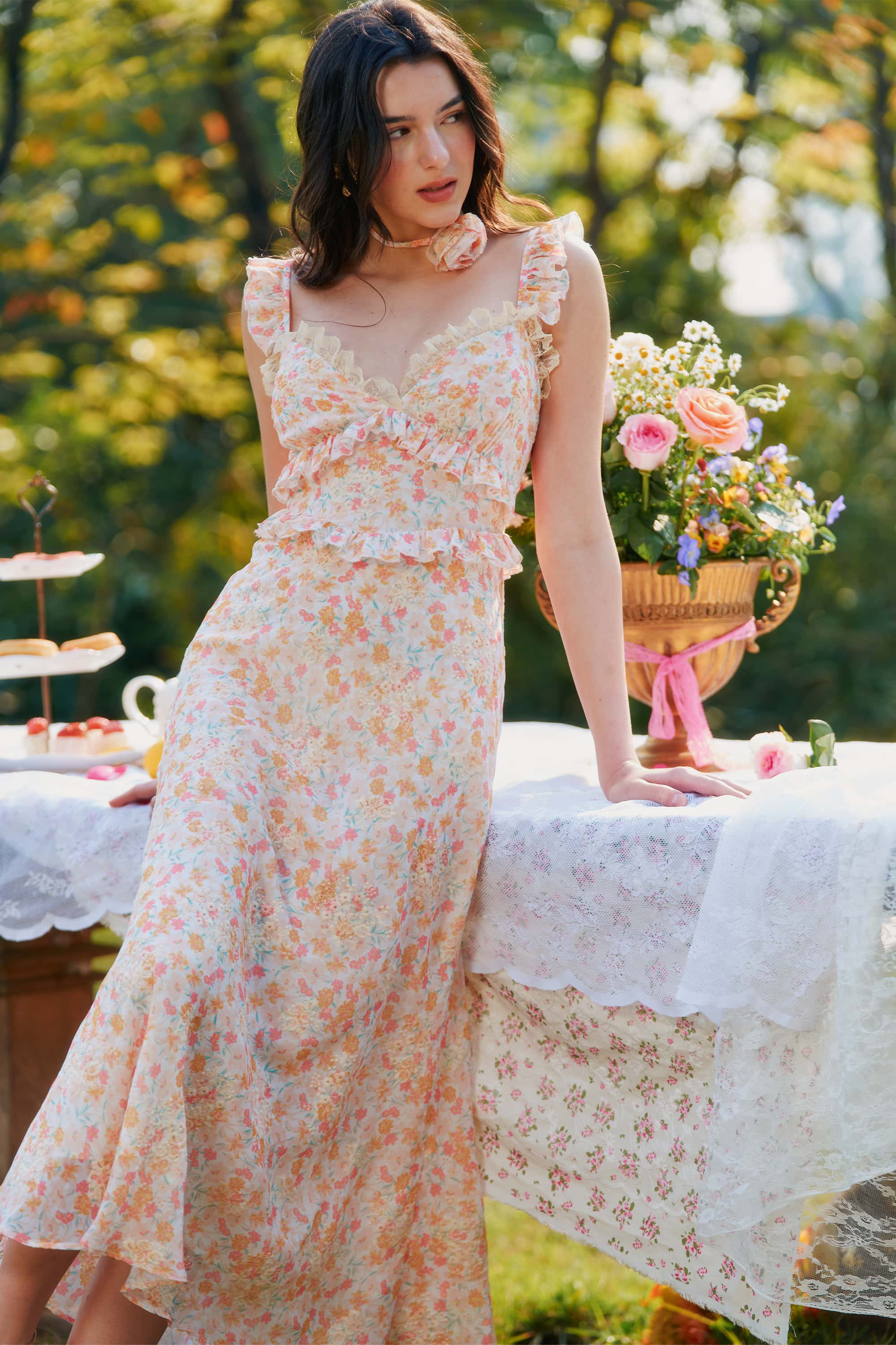 Celeste Chiffon Lace Embroidered Floral Midi Dress with Rosette Choker