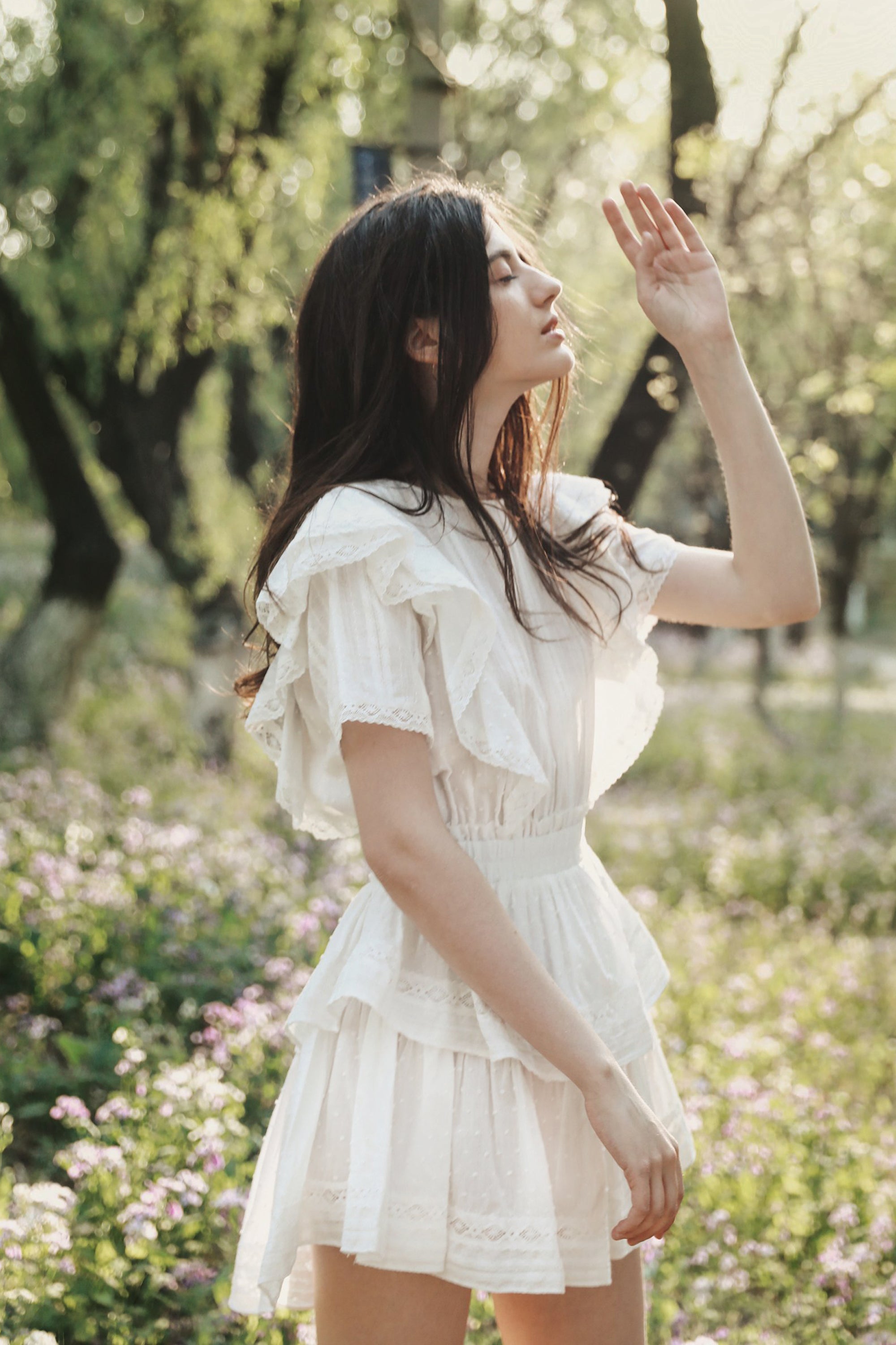 Aeris Lace Ruffled Tiered Mini Dress in White