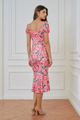 Gillian Floral Square Neckline Stretchy Midi Dress