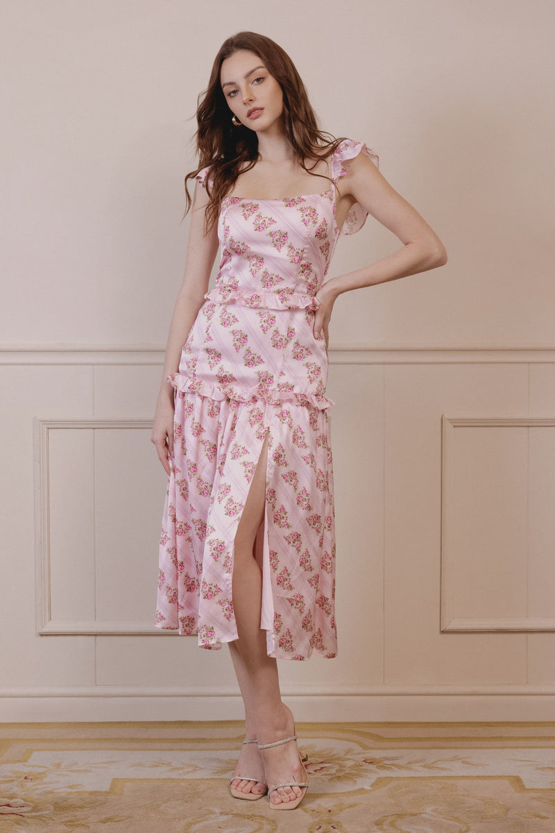 Anise Ruffled Drop Waist Satin Dress