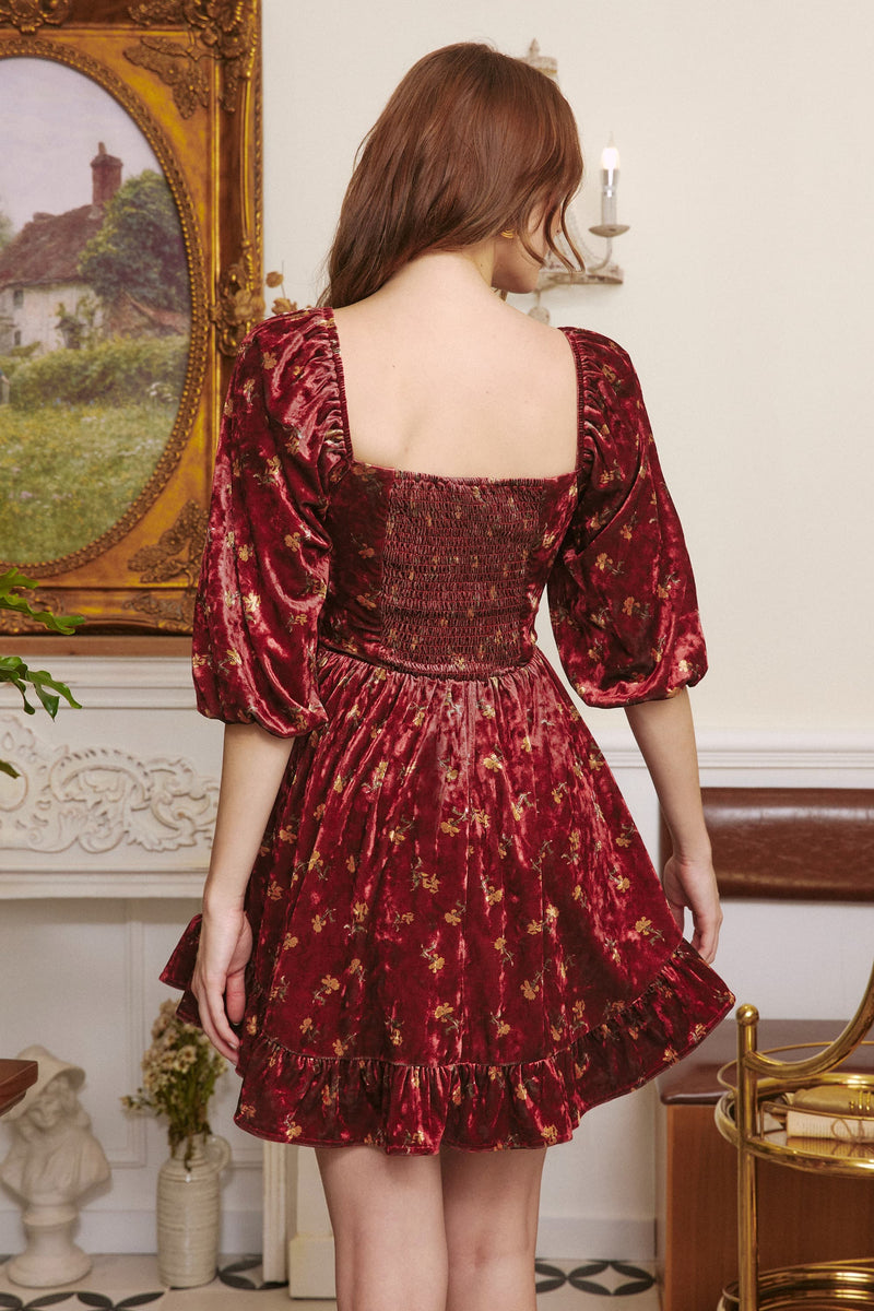 Betty Square Neckline Floral Velvet Dress
