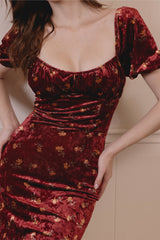 Brielle Squared Neckline Velvet Midi Dress in Red