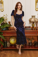 Brielle Sweet Heart Neckline Velvet Dress in Blue