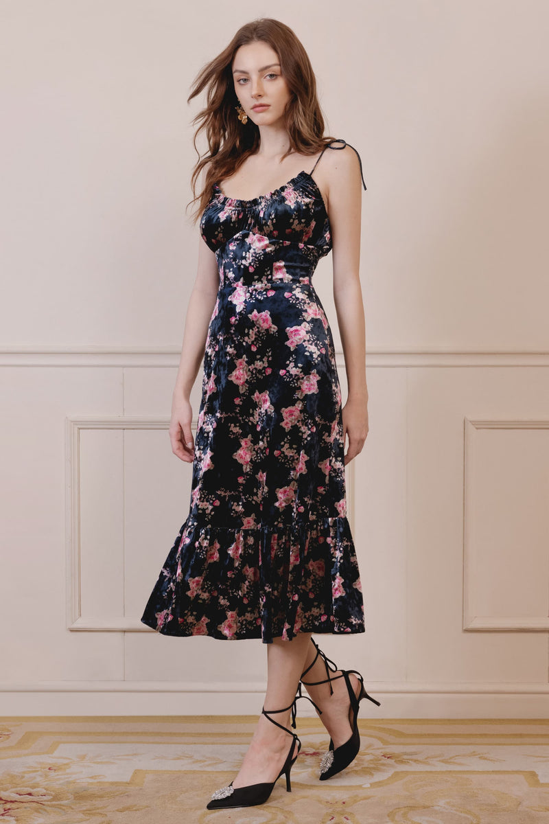 Irina Lace-up Floral Velvet Dress
