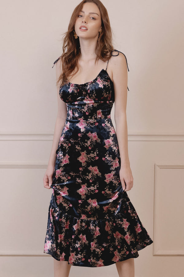 Irina Lace-up Floral Velvet Dress