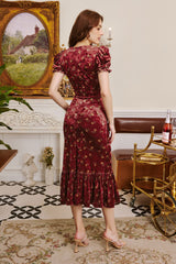 Kathy Diamond Neckline Floral Velvet Dress