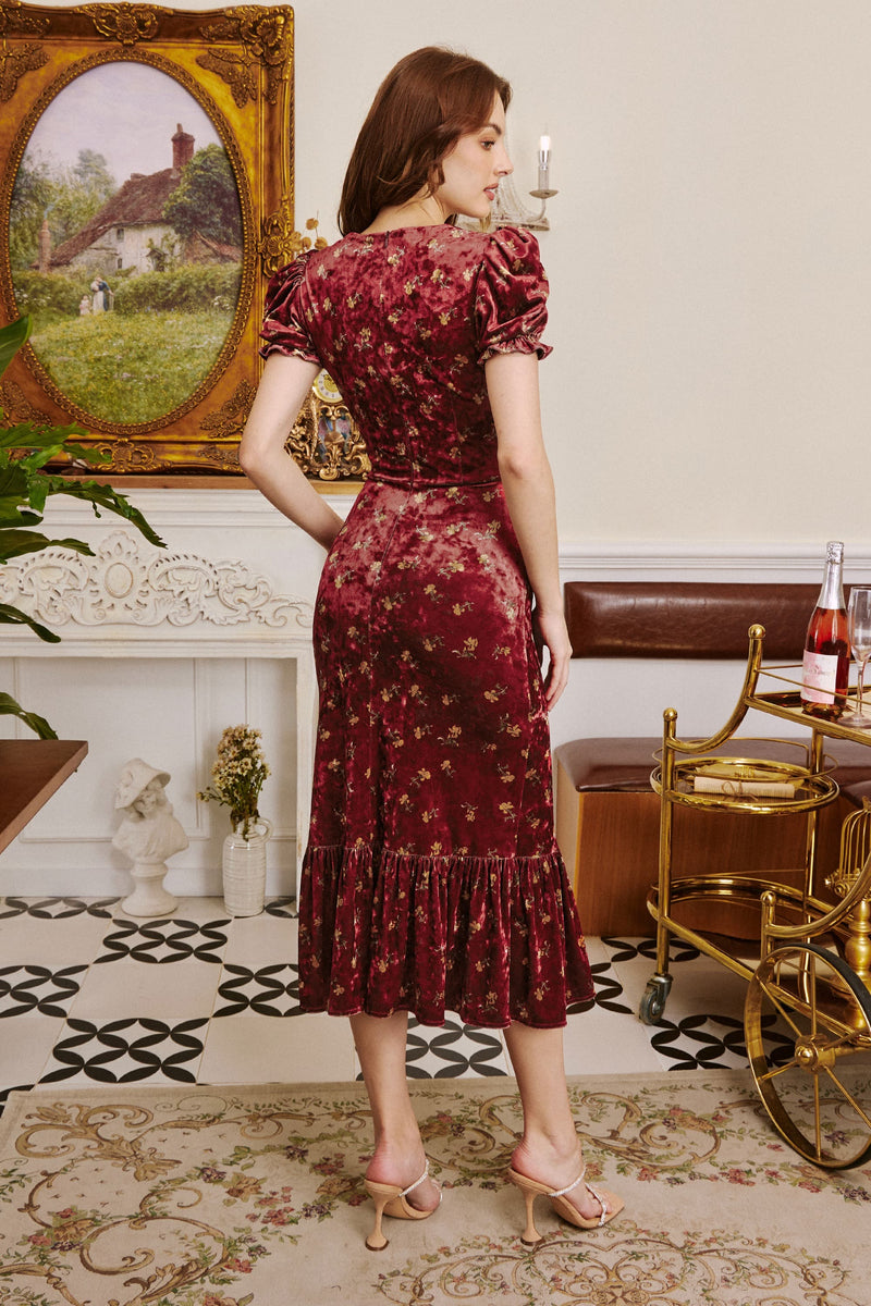 Kathy Diamond Neckline Floral Velvet Dress