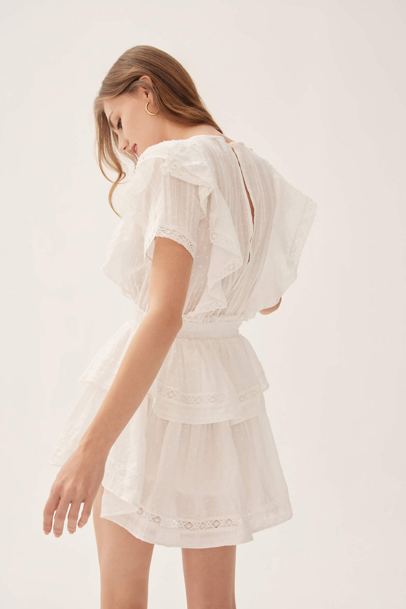 Aeris Lace Ruffled Tiered Mini Dress in White